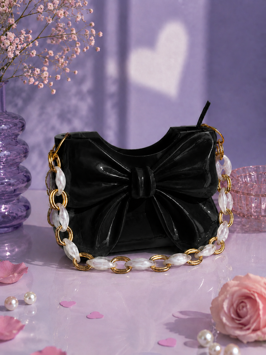 Elegant black Dany bow handbag designed in 3D and crafted from high-quality PLA with a glossy finish. Luxury women's designer shoulder bag featuring a sculptural bow, perfect for modern fashion, evening wear, elegant outfits, parties, weddings, special occasions and everyday style. A timeless fashion accessory and premium gift for her.