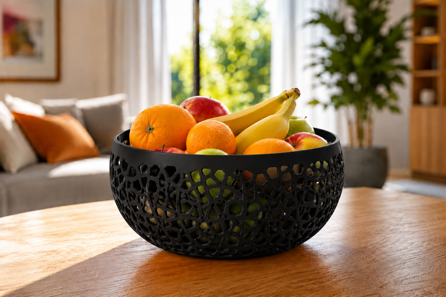 The Black Lumea modern fruit bowl is a premium 3D printed decorative basket crafted from durable PETG. Featuring a sophisticated geometric openwork design and an elegant matte black finish, it is perfect for displaying fresh fruit while enhancing contemporary kitchens, dining rooms, and luxury living spaces. Designed and made in Italy, this modern fruit basket combines timeless style, everyday functionality, and premium craftsmanship, making it an eye-catching centerpiece for modern home décor.