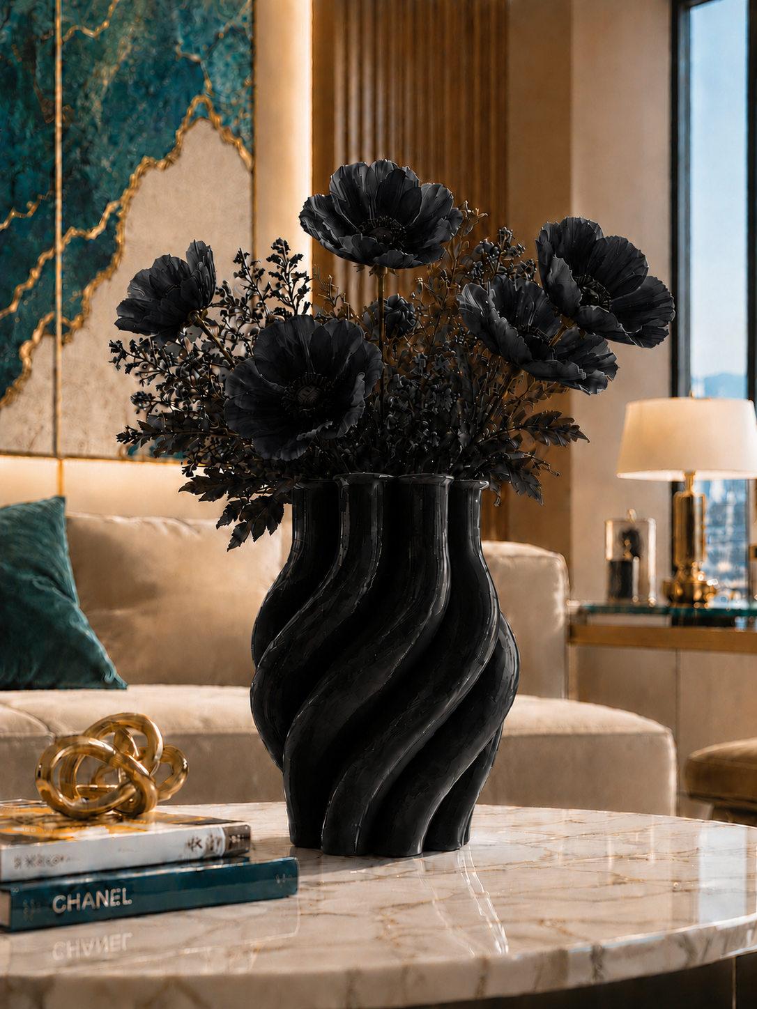 Elegant black Margherita designer vase expertly crafted with premium 3D printing technology in durable PETG, featuring a sophisticated black floral arrangement that enhances its sculptural modern design. Perfect for luxury home decor, living rooms, dining tables, offices, hotels and contemporary interiors. Made in Italy, ideal for fresh flowers, designer styling, premium interior decoration and elegant home accessories.