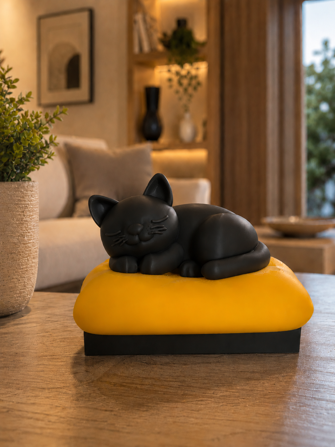 Elegant black sleeping cat sculpture resting on a bright yellow cushion. Modern 3D printed cat statue designed for living rooms, bedrooms, offices, shelves, and contemporary interiors. A stylish minimalist home decor piece and a unique gift for cat lovers, modern design enthusiasts, and elegant interior decoration.