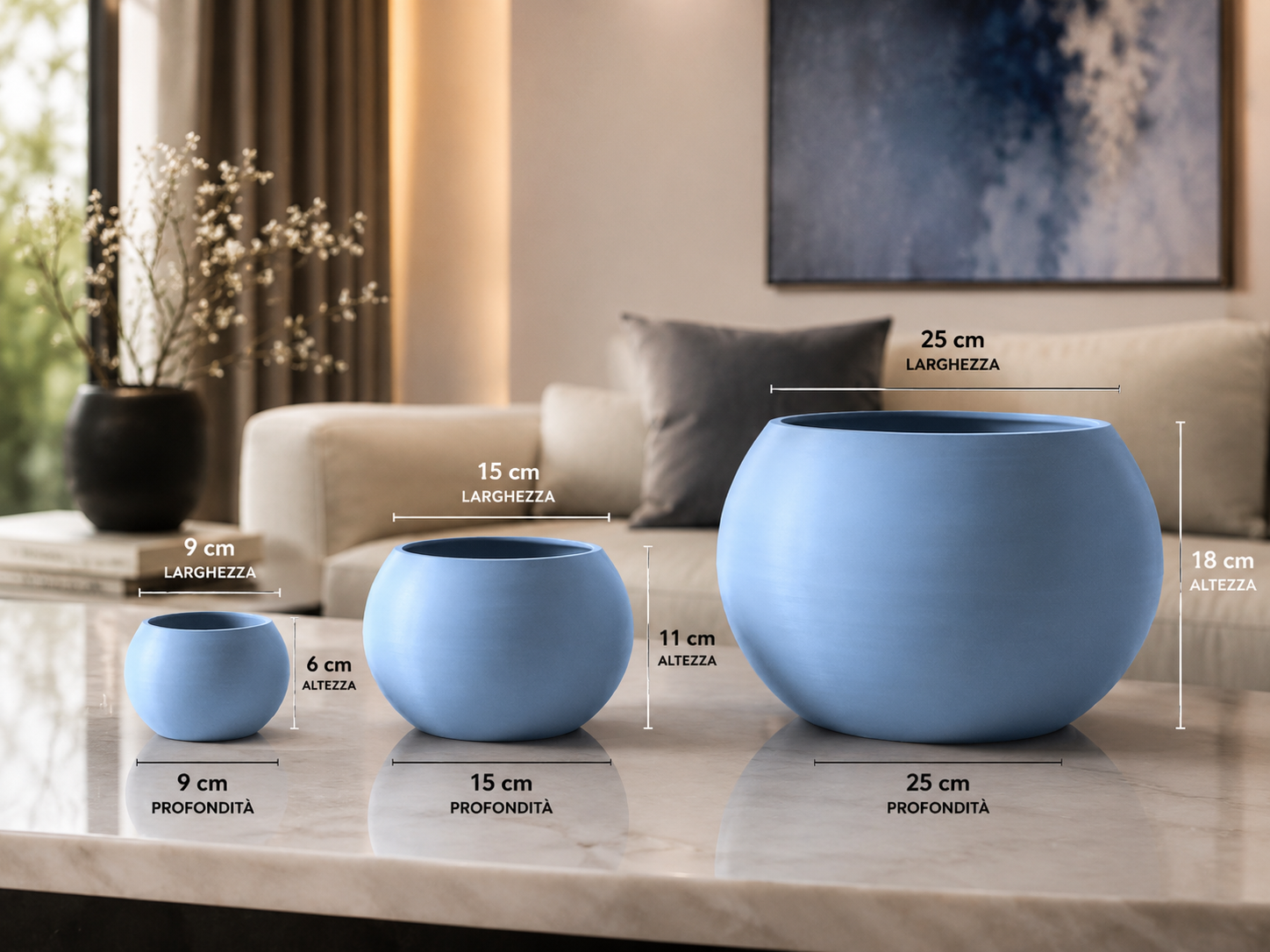 Three sizes of a modern blue designer planter displayed together: Small 9×9×6 cm, Medium 15×15×11 cm and Large 25×25×18 cm. Premium 3D printed flower pot for indoor plants and contemporary home decor.