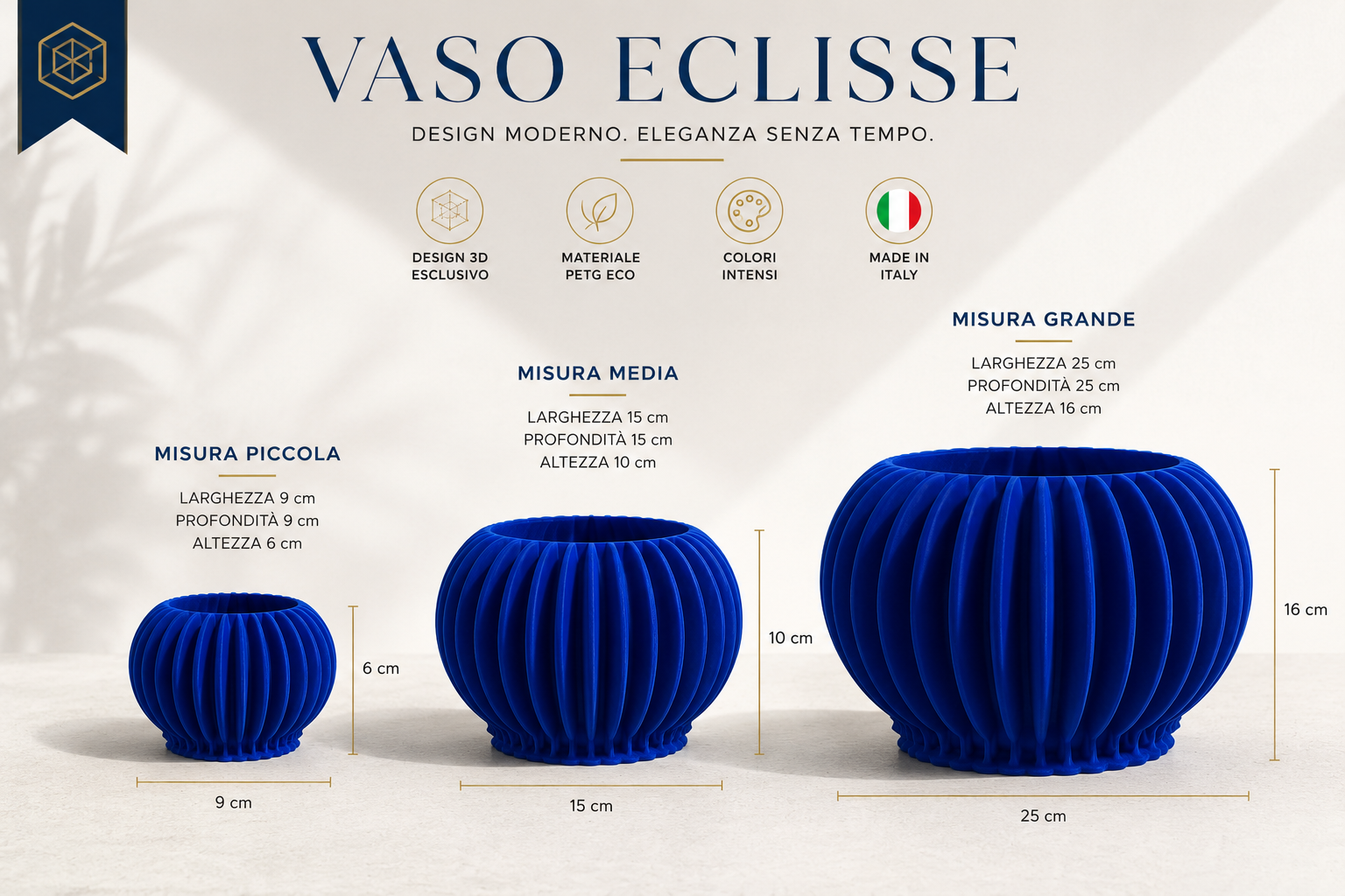 Modern blue ribbed planter vase available in three sizes: Small 9×9×6 cm, Medium 15×15×10 cm and Large 25×25×16 cm. Premium 3D printed indoor planter made in Italy.