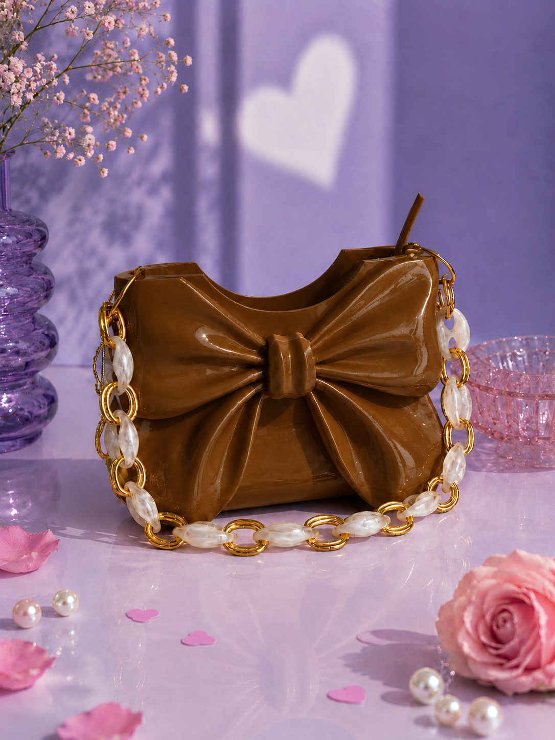 Elegant brown Dany bow handbag designed in 3D and crafted from high-quality PLA with a glossy finish. Luxury women's designer shoulder bag featuring a sculptural bow, perfect for modern fashion, autumn outfits, casual chic style, elegant events, everyday wear and special occasions. A timeless contemporary fashion accessory and premium gift for her.