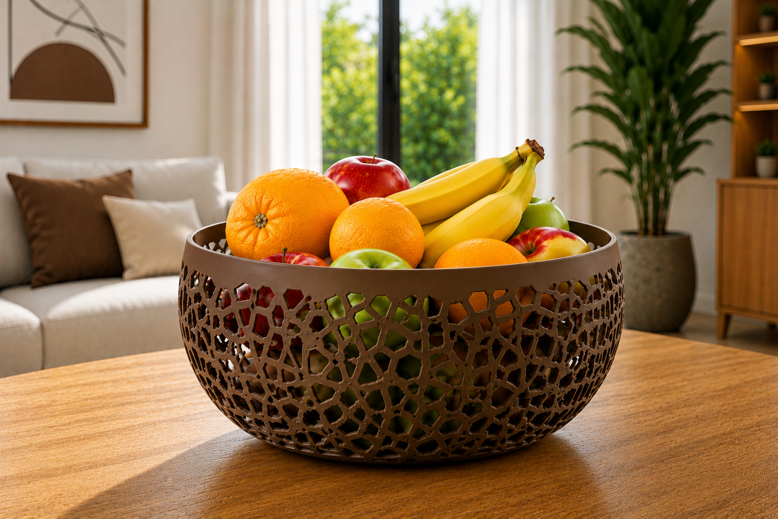 The Brown Lumea modern fruit bowl is a premium 3D printed decorative basket crafted from durable PETG. Its warm brown finish and elegant geometric openwork design bring natural sophistication to contemporary kitchens, dining rooms, and stylish living spaces. Perfect for displaying fresh fruit, bread, or decorative accents, this modern fruit basket combines timeless Italian design, premium craftsmanship, and everyday functionality. Designed and made in Italy, the Lumea fruit bowl is an elegant centerpiece fo