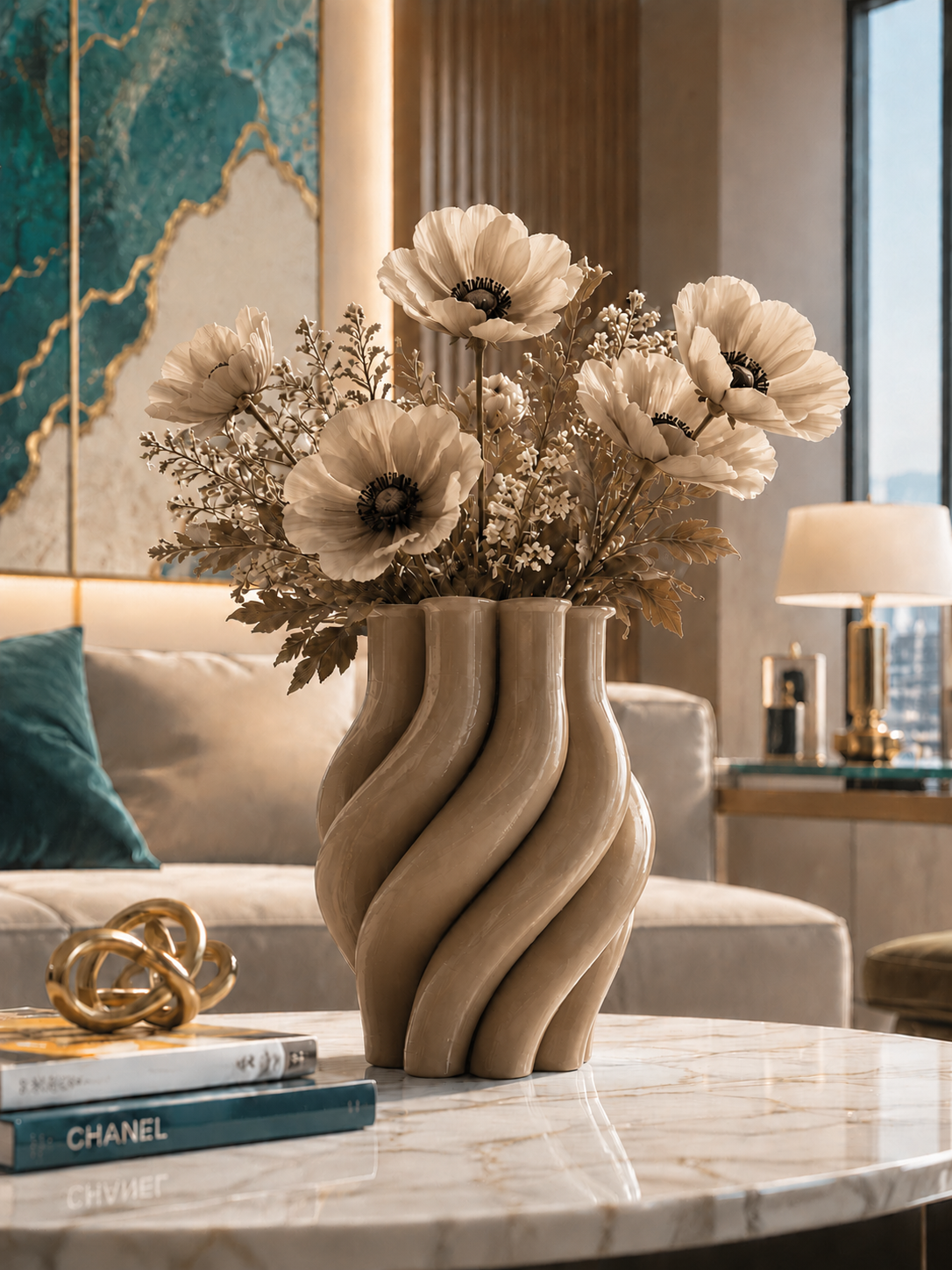 Elegant brown Margherita designer vase handcrafted with premium 3D printing technology in durable PETG, featuring a sophisticated neutral floral arrangement in warm earthy tones. Luxury modern home decor for living rooms, dining tables, offices, hotels and contemporary interiors. Made in Italy, perfect for flowers, interior styling, designer spaces and elegant home decoration.