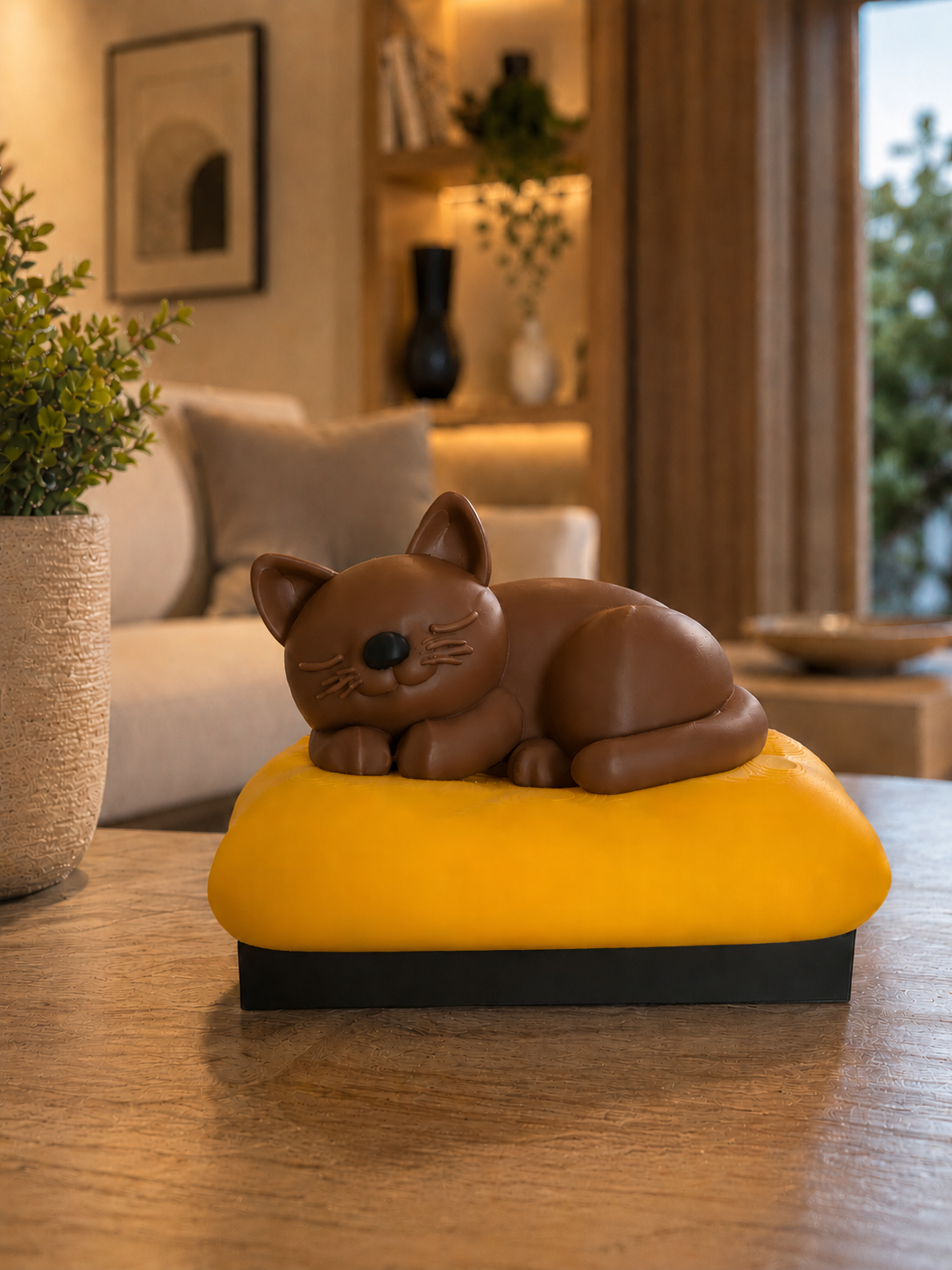 Elegant brown sleeping cat sculpture with a black nose resting on a vibrant yellow cushion. Modern 3D printed cat statue designed for living rooms, bedrooms, offices, shelves, and contemporary interiors. A stylish minimalist home decor piece and a unique gift for cat lovers, modern design enthusiasts, and elegant interior decoration.