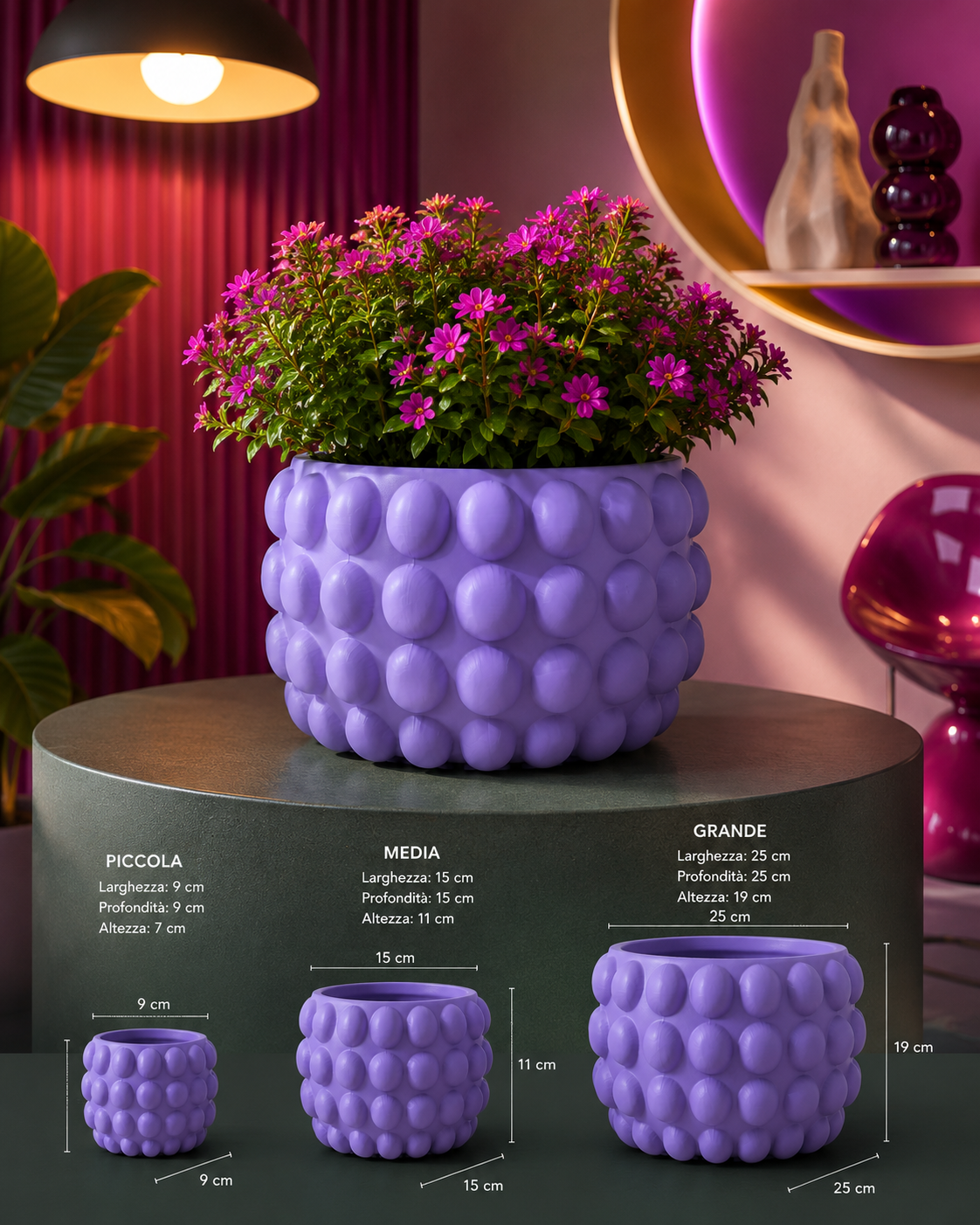 Modern bubble planter available in three sizes for every indoor space. Premium 3D printed decorative flower pot designed for houseplants, home decor, office decoration and contemporary interiors.