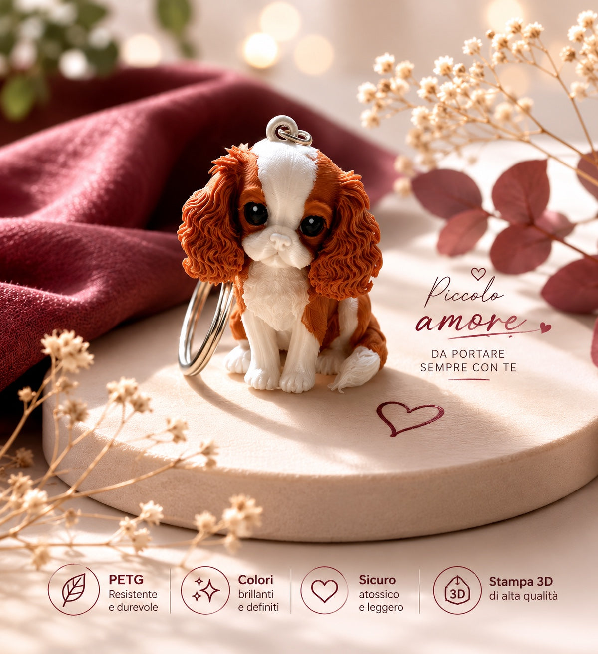 Premium Cavalier King Charles 3D printed keychain made with PLA Silk. Cute dog keyring, handmade gift, pet lover accessory, modern home and lifestyle design.