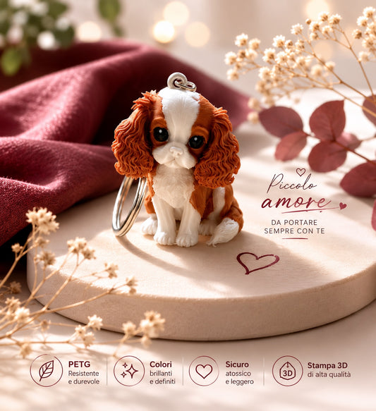 Premium Cavalier King Charles 3D printed keychain made with PLA Silk. Cute dog keyring, handmade gift, pet lover accessory, modern home and lifestyle design.