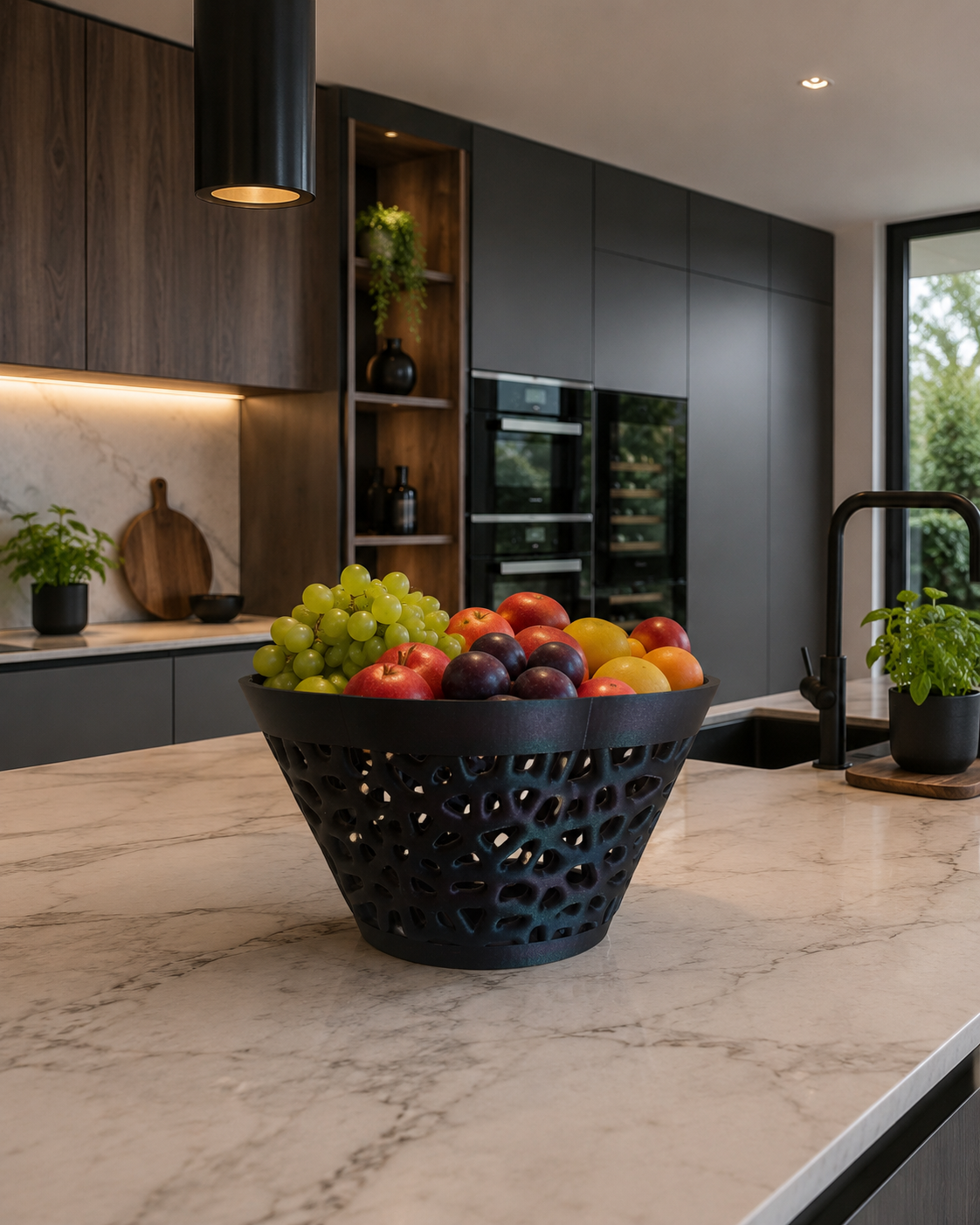 Cesto Repubblicano nero in PETG con design geometrico traforato moderno utilizzato come elegante portafrutta decorativo.