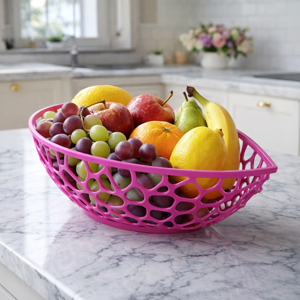 Cesto porta frutta Voronoi rosa con frutta su piano cucina moderna