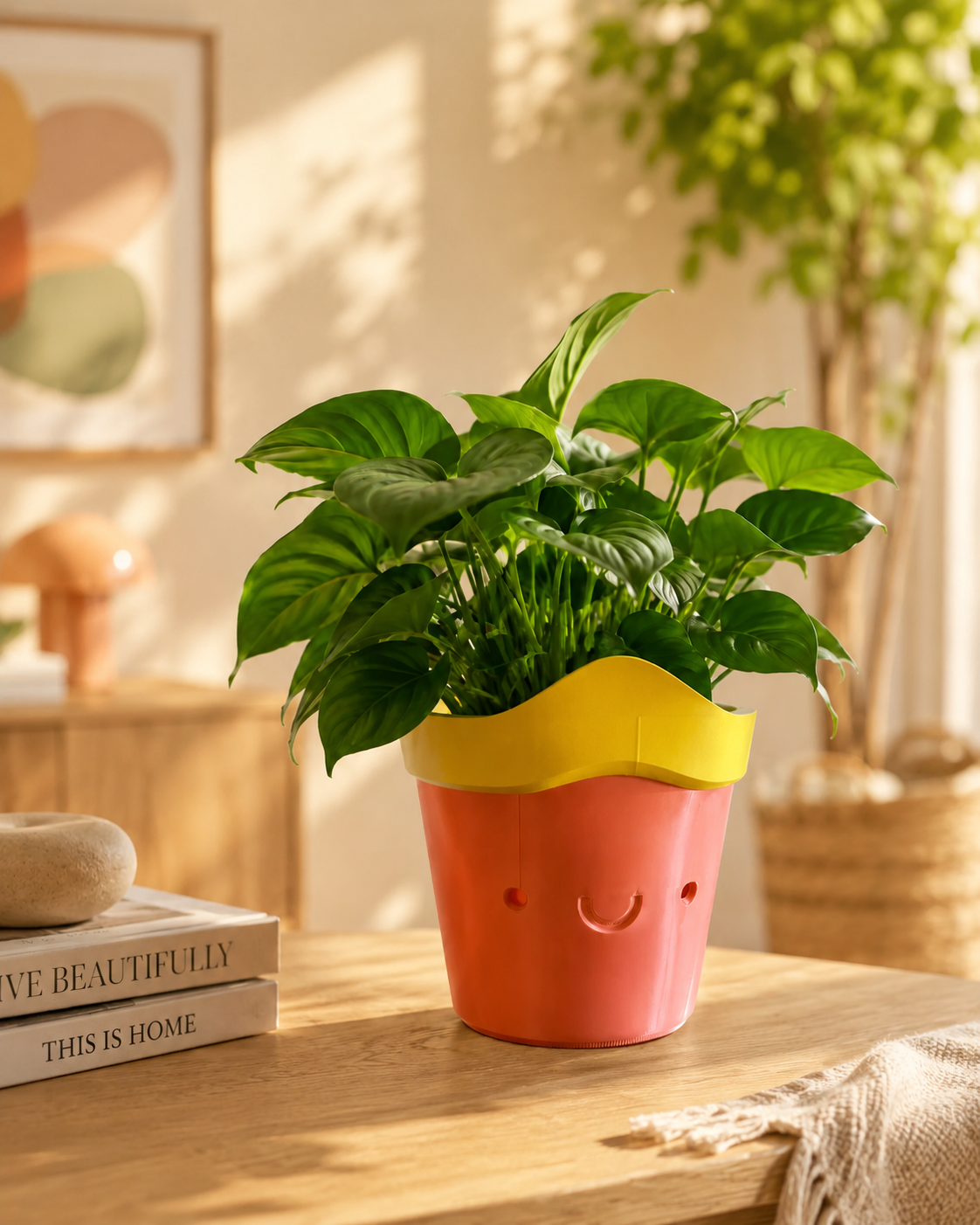 Colorful smiley flower pot displayed on a modern bedroom cabinet with vibrant flowering plant. Contemporary 3D printed indoor planter for stylish home decor.