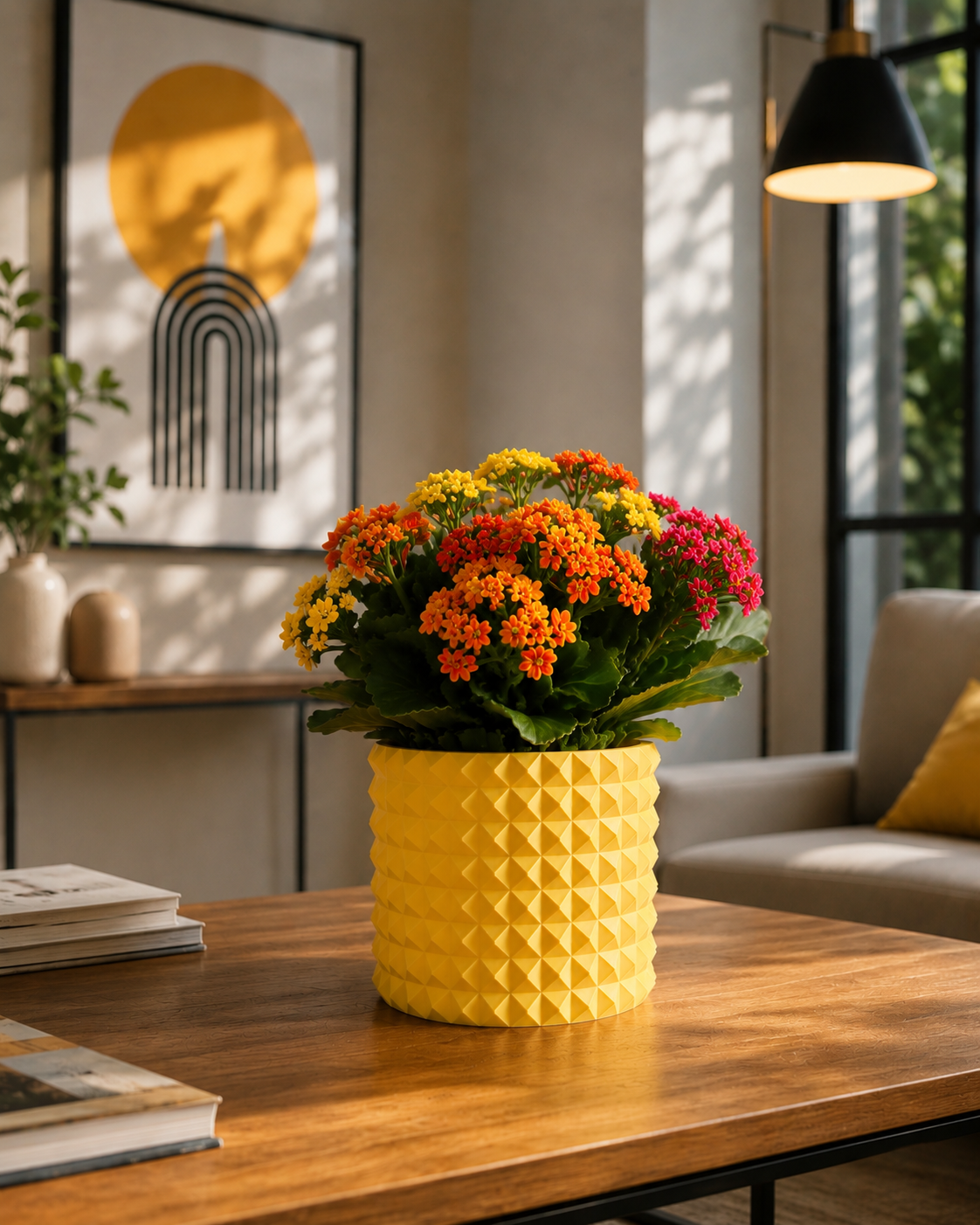 Premium 3D printed decorative planter with geometric texture, showcased in a luxurious modern interior. Ideal for indoor plants, flowers and contemporary home decor, combining minimalist design with elegant craftsmanship.