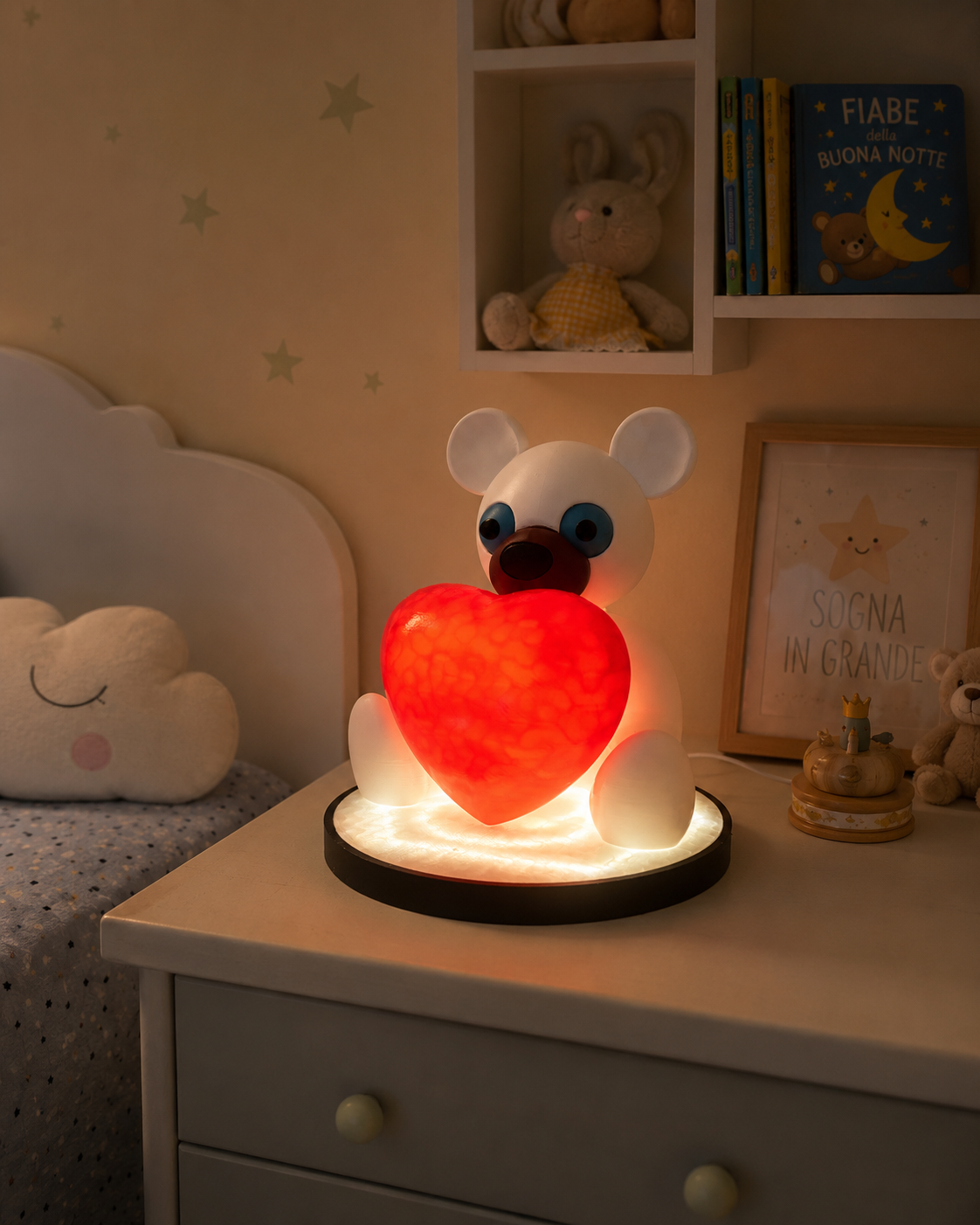 Affectionate Bear LED lamp with glowing red heart on a kids bedroom nightstand