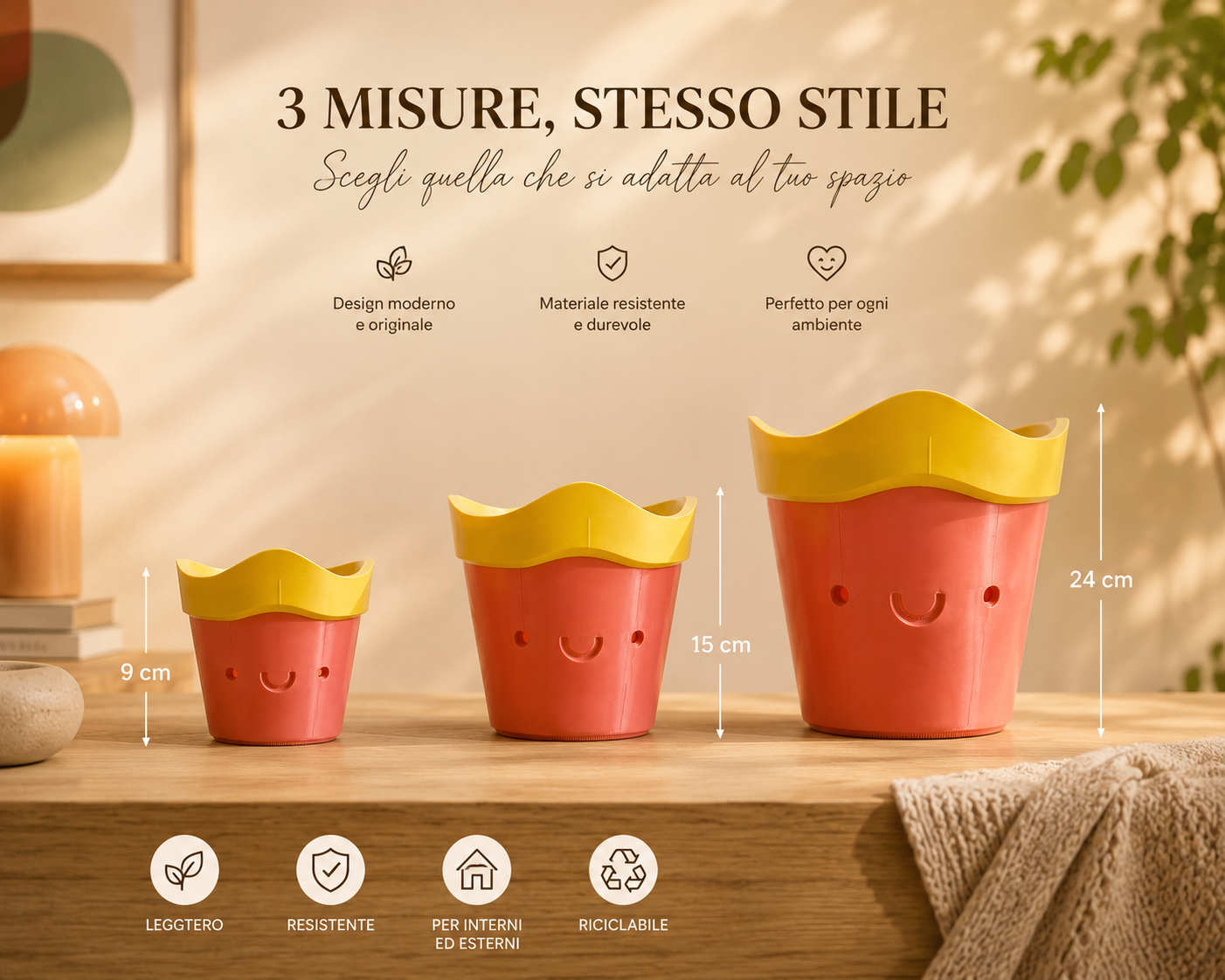 Cute colorful planter with smiling face placed on an elegant wooden cabinet in a cozy bedroom. Decorative indoor flower pot perfect for modern home styling.