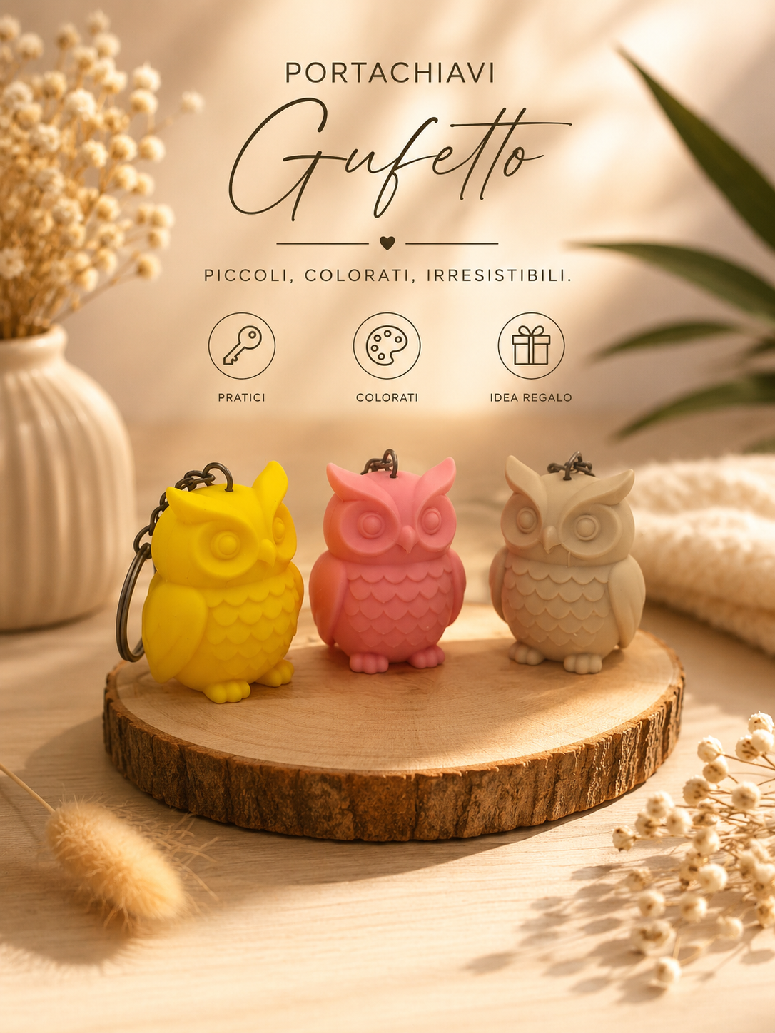 Colorful 3D printed owl keychains handmade in PETG displayed on a wooden stand, cute gift idea, modern design accessory and unique owl keyring