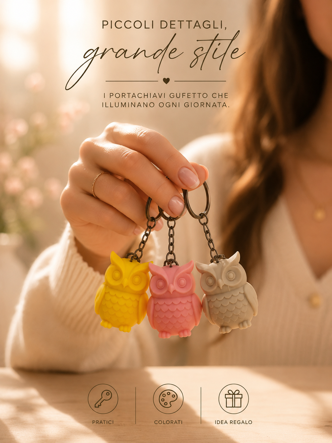 Hand holding colorful owl keychains, cute handmade gift, 3D printed PETG accessory, unique designer keyring for everyday use