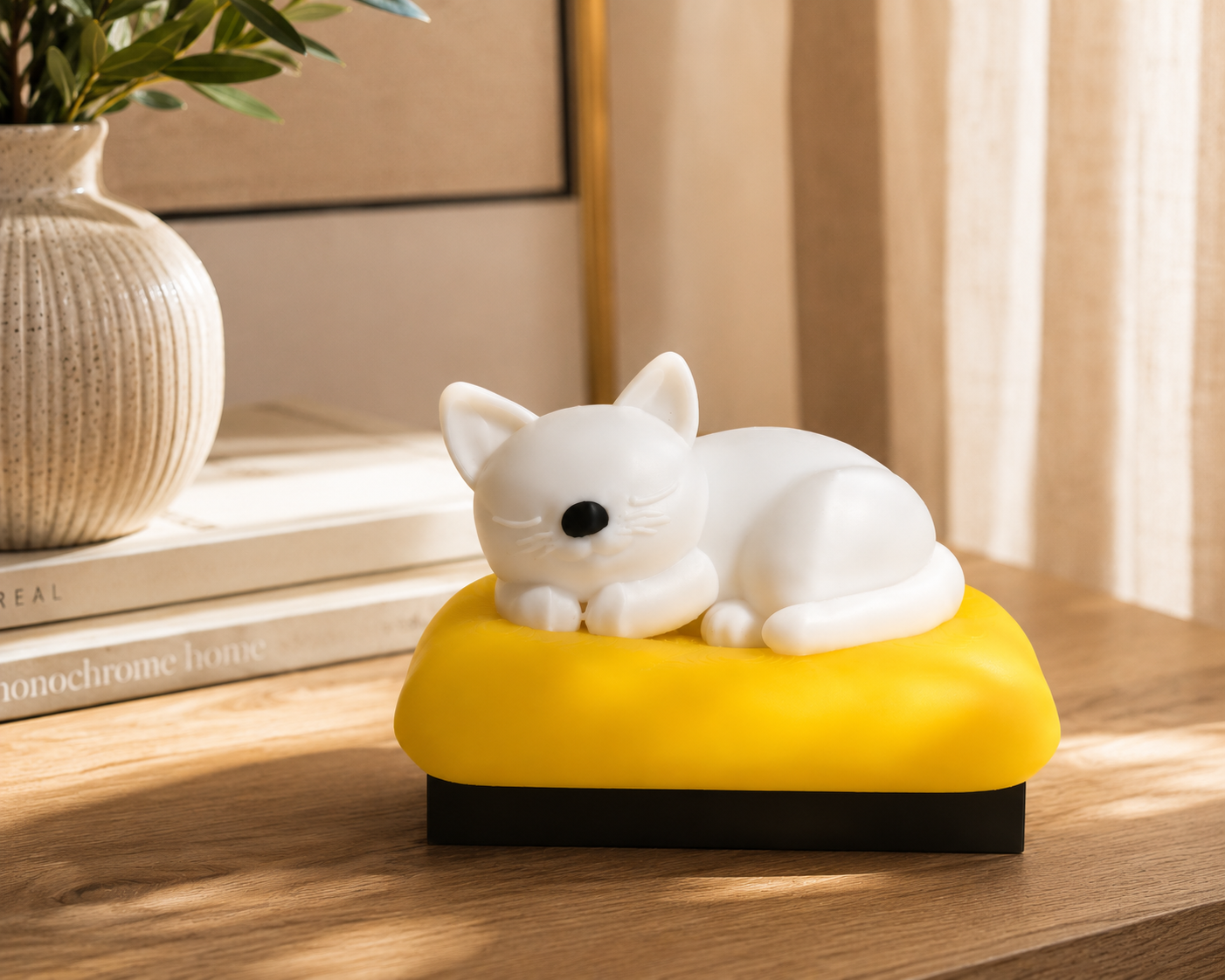Cute sleeping cat sculpture resting on a soft cushion, handcrafted with 3D printing technology. A modern decorative accent for living rooms, bedrooms, offices, shelves, and minimalist home interiors. Perfect gift for cat lovers.