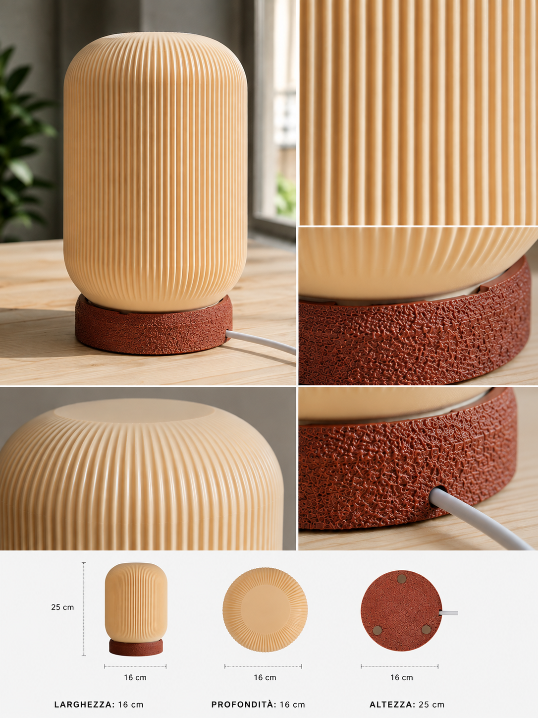 Detailed product view of a modern ribbed table lamp showing the sculptural shade, textured base, cable connection and dimensions. Compact 16 cm width, 16 cm depth and 25 cm height, ideal for bedside tables, desks and contemporary interiors.