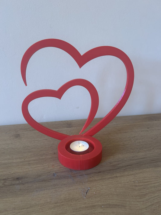 Portacandela “Due cuori e una candela” rosso stampato in 3D in PLA con tealight inserita