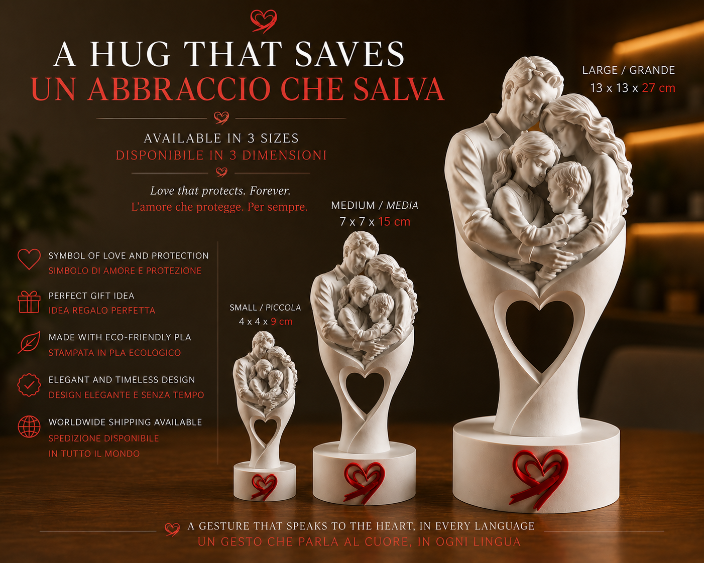 Elige el tamaño perfecto para tu hogar. Disponible en tres dimensiones elegantes, esta escultura familiar premium encaja en salones modernos, oficinas y espacios interiores.