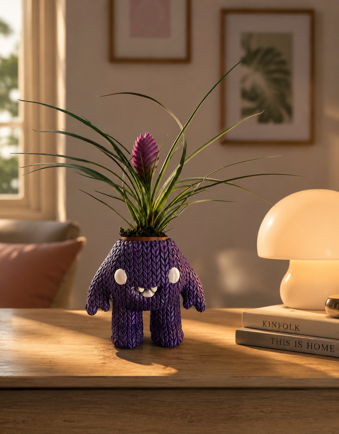 Vaso porta pianta Fjody Fjoccolosa in PLA viola con texture effetto maglia e pianta decorativa inserita