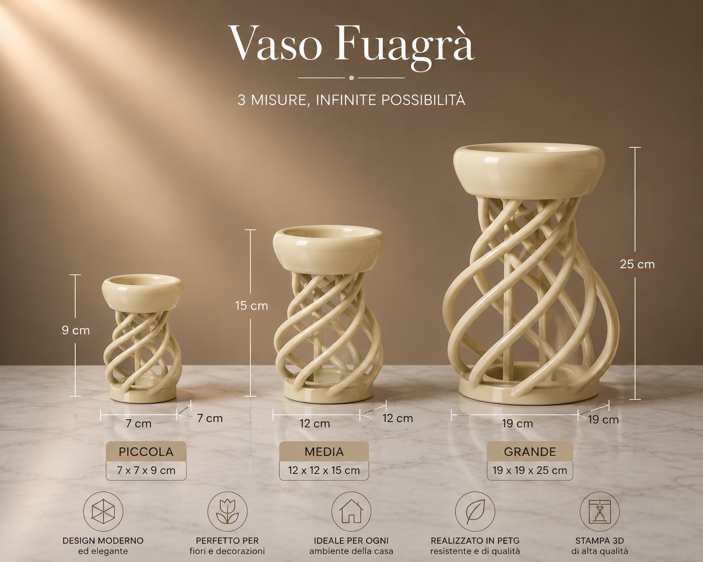 Fuagrà Designer Vase in 3 Sizes – Modern 3D Printed Vase for Flowers, Luxury Home Decor and Contemporary Interior Design