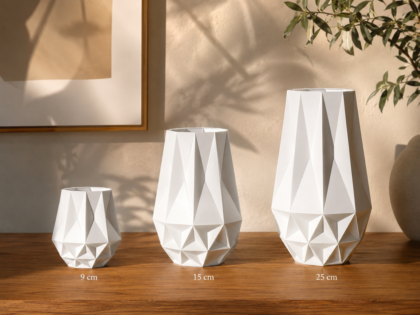 Modern geometric vase collection available in three sizes, stylish 3D printed planter for flowers, indoor plants, minimalist home decor and contemporary interior design.
