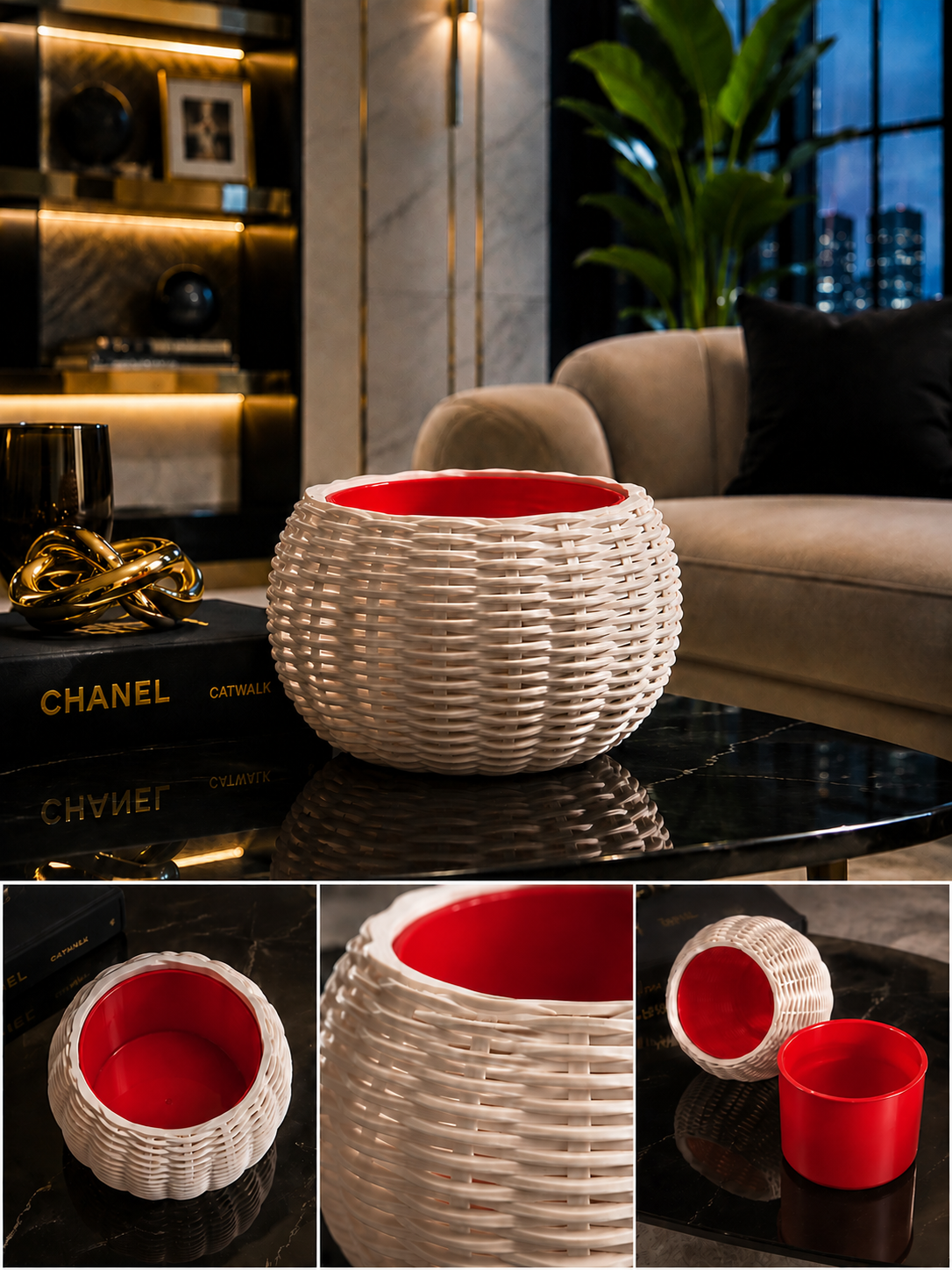 Ginestra modern indoor planter featuring an elegant beige woven 3D design and removable red inner plant pot, ideal for houseplants, contemporary interiors and stylish home decor.