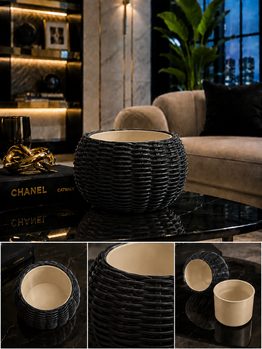 Ginestra modern 3D printed planter featuring an elegant black woven exterior and removable beige inner plant pot, ideal for houseplants, luxury interiors, contemporary living spaces and sophisticated modern home decor.