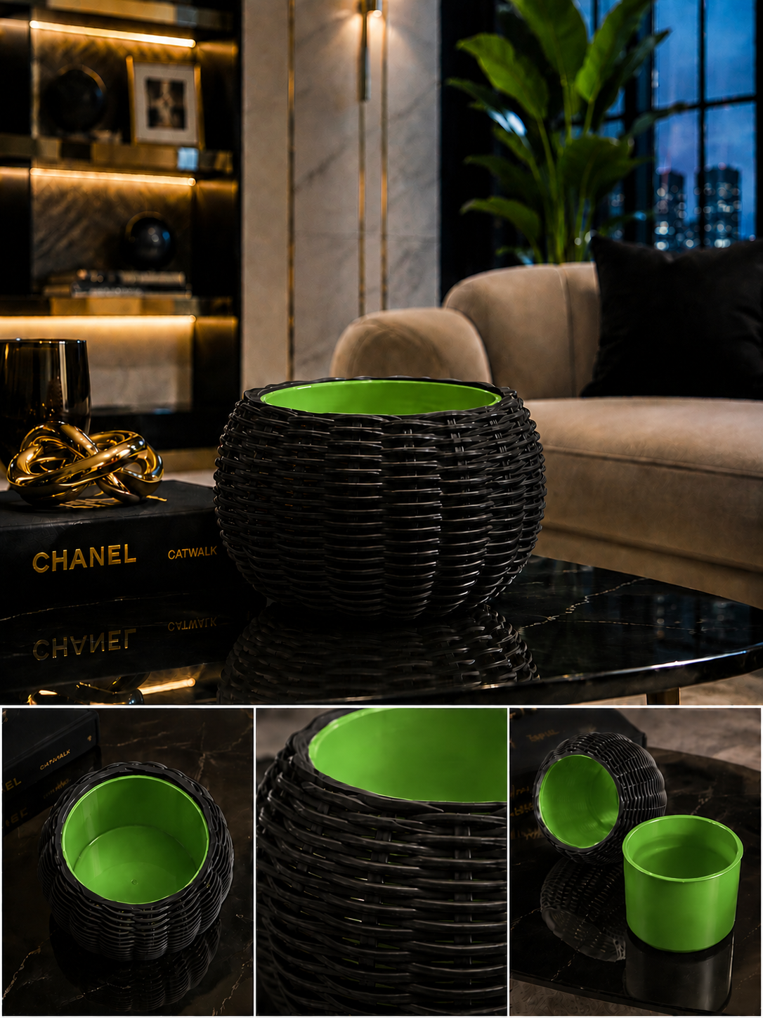 Ginestra modern 3D printed planter featuring a sophisticated black woven exterior and removable green inner plant pot, ideal for houseplants, luxury interiors, contemporary living spaces and elegant modern home decor.