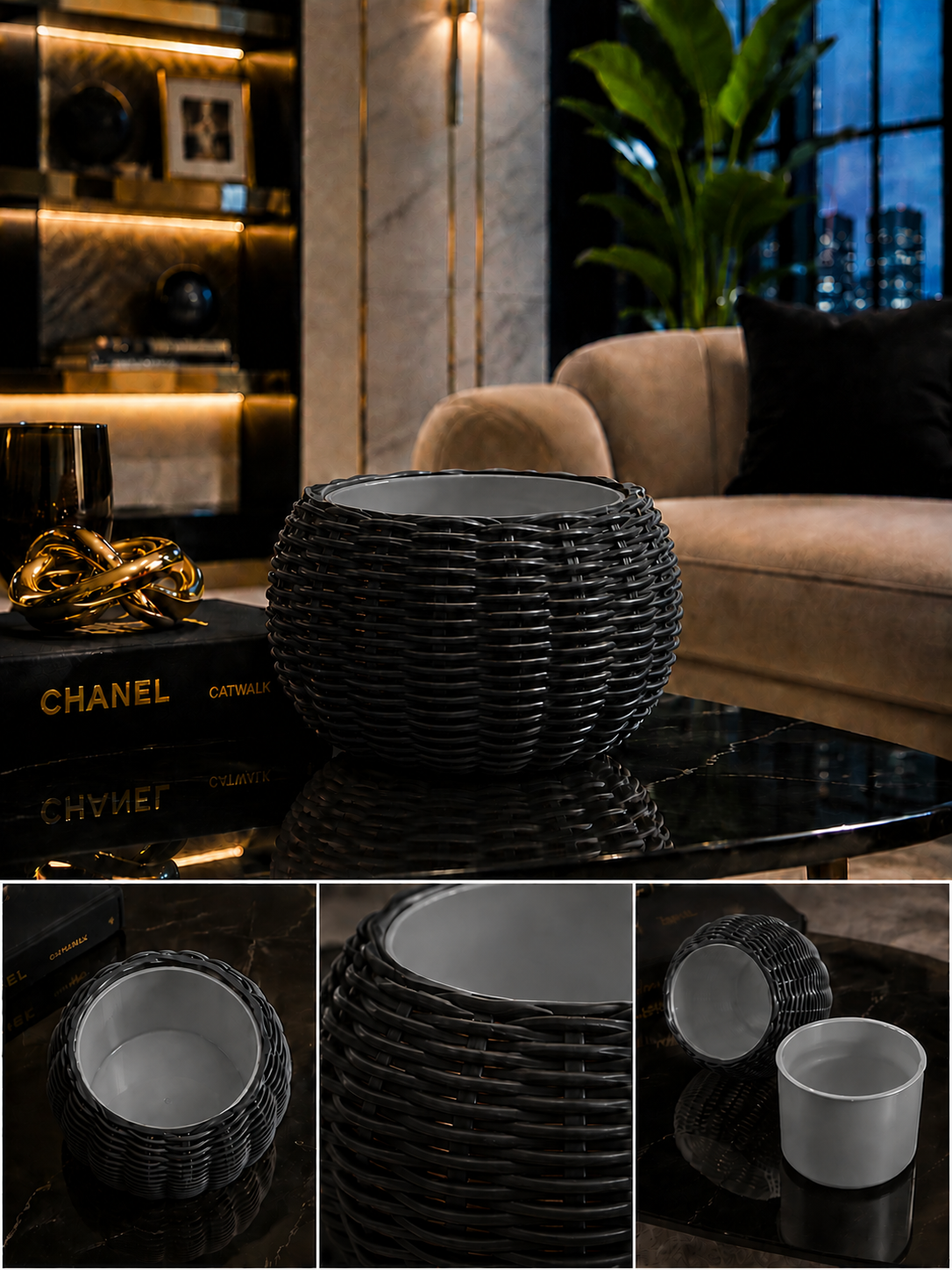 Ginestra modern 3D printed planter featuring a sophisticated black woven exterior and removable grey inner plant pot, ideal for houseplants, luxury interiors, contemporary living spaces and elegant modern home decor.