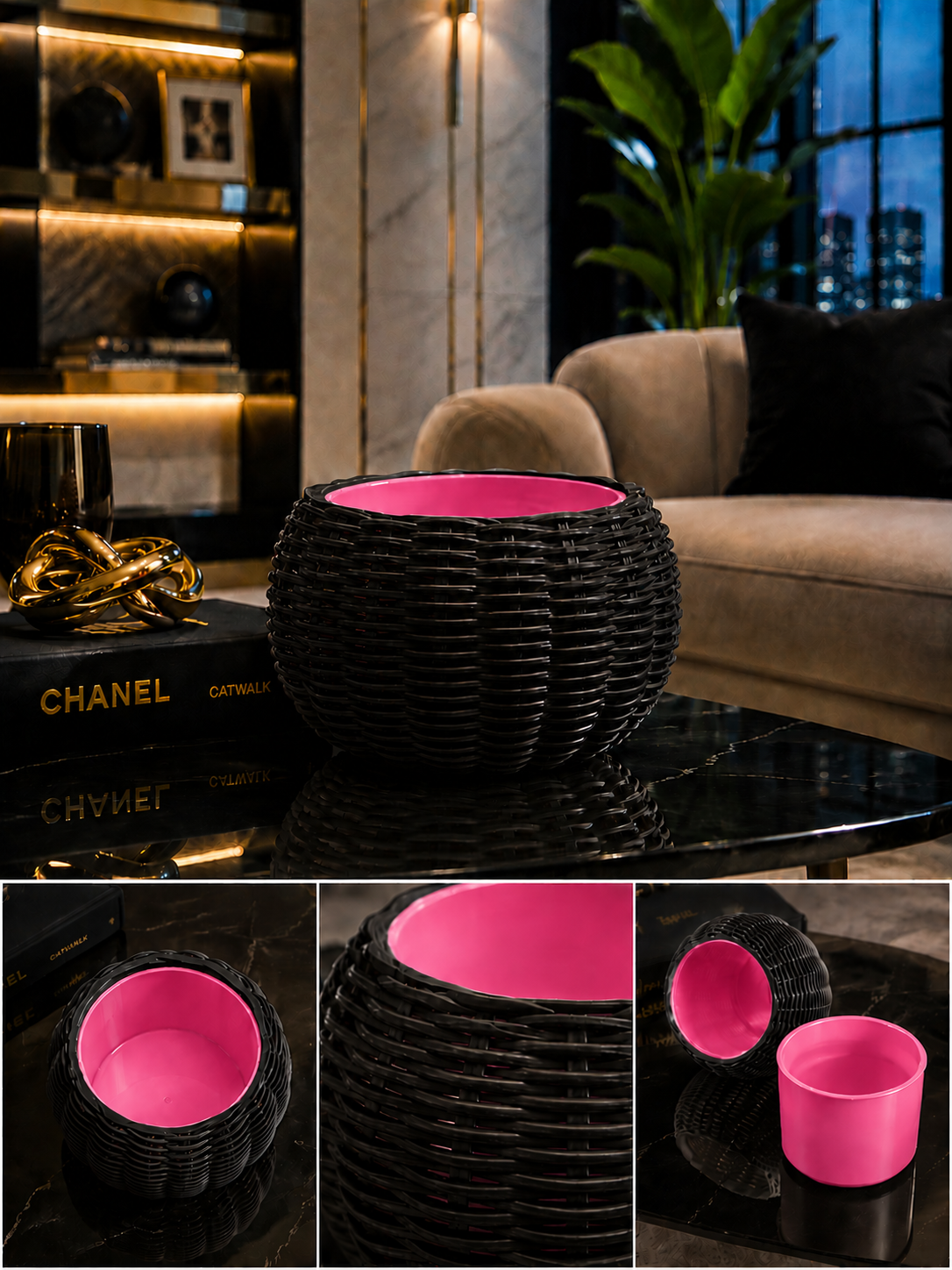 Ginestra modern 3D printed planter featuring an elegant black woven exterior and removable pink inner plant pot, ideal for houseplants, luxury interiors, contemporary living spaces and sophisticated modern home decor.