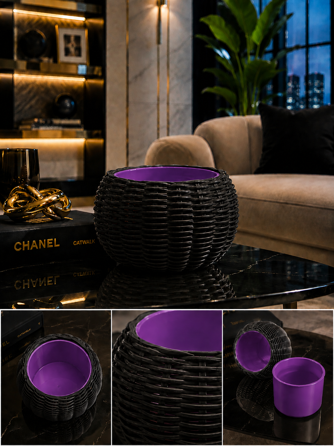 Ginestra modern 3D printed planter featuring an elegant black woven exterior and removable purple inner plant pot, ideal for houseplants, luxury interiors, contemporary living spaces and sophisticated modern home decor.
