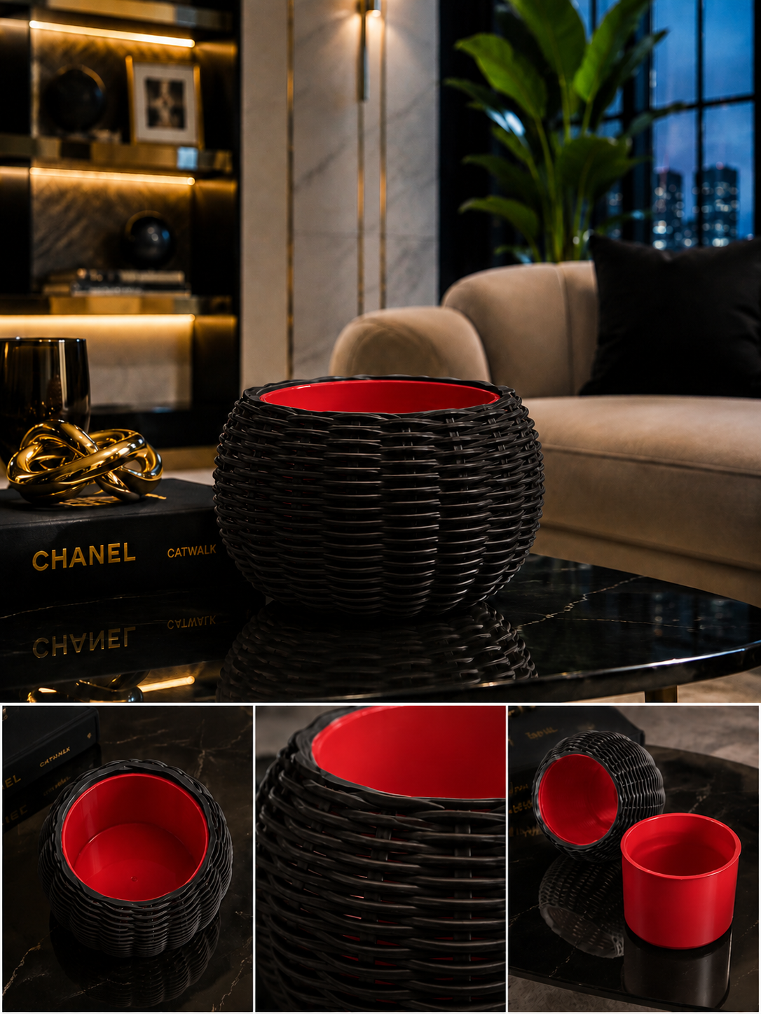 Ginestra modern 3D printed planter featuring an elegant black woven exterior and removable red inner plant pot, ideal for houseplants, luxury interiors, contemporary living spaces and sophisticated modern home decor.