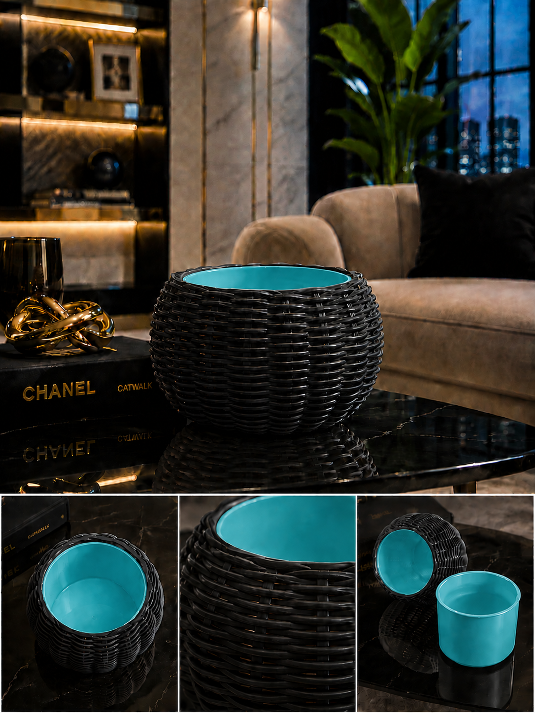 Ginestra modern 3D printed planter featuring a luxury black woven exterior and removable turquoise inner plant pot, ideal for houseplants, contemporary interiors, elegant living spaces and modern home decor.