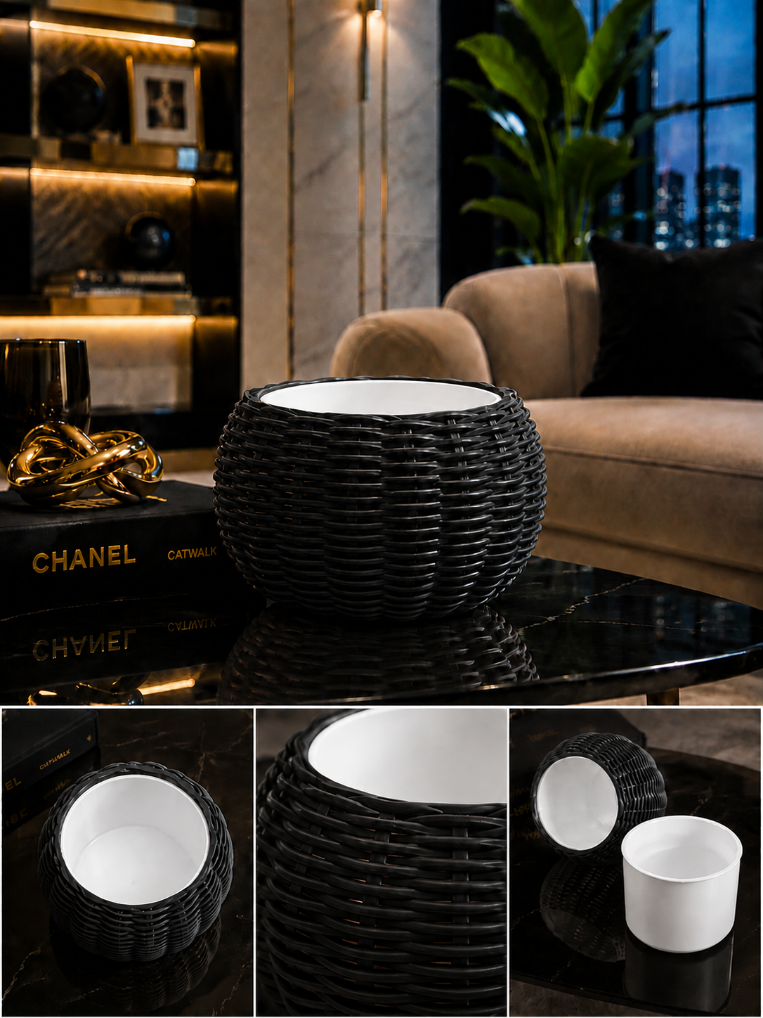 Ginestra modern 3D printed planter featuring an elegant black woven exterior and removable white inner plant pot, designed for houseplants, luxury interiors, contemporary living spaces and sophisticated modern home decor.