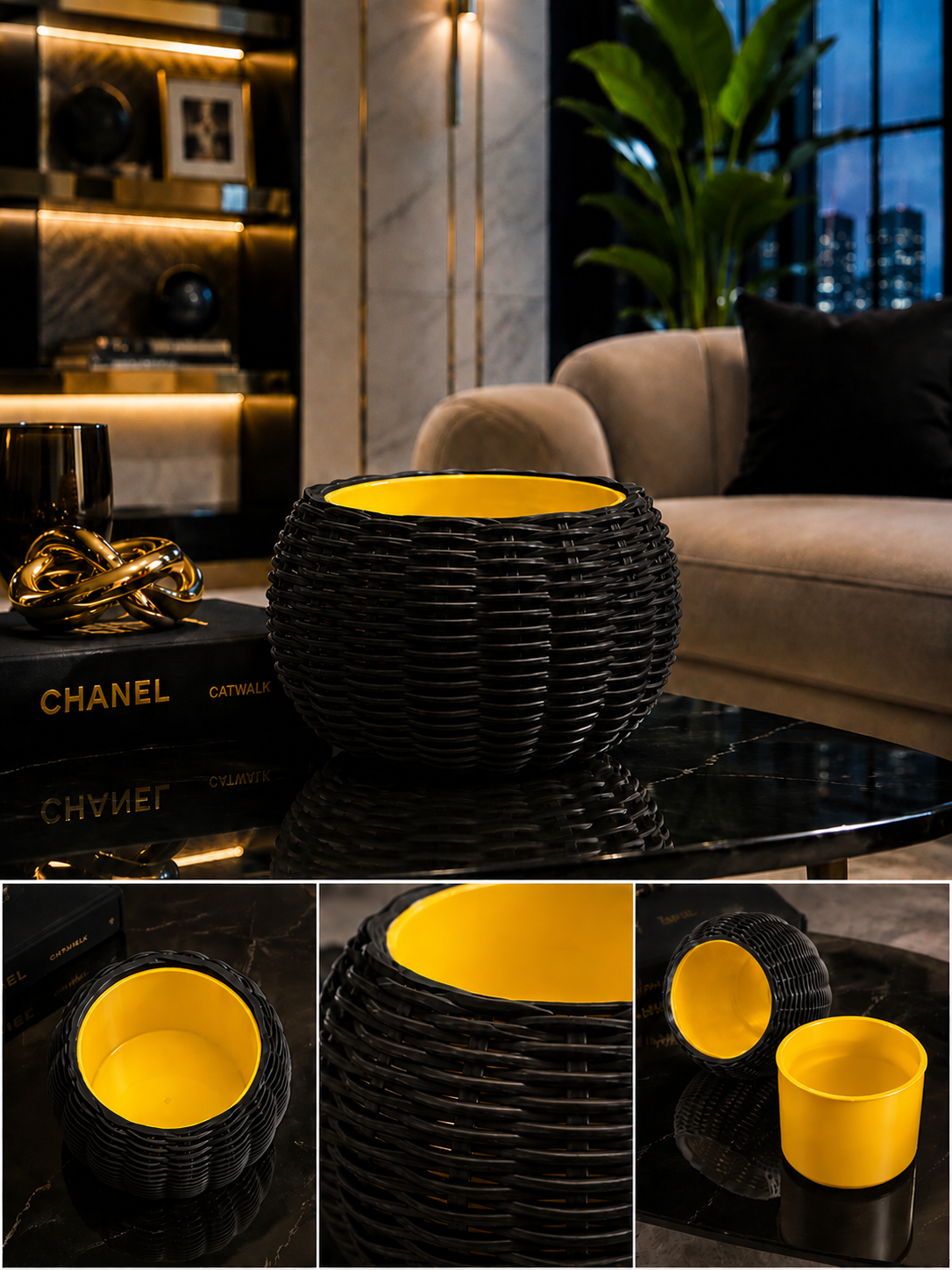 Ginestra modern 3D printed planter featuring a sophisticated black woven exterior and removable yellow inner plant pot, ideal for houseplants, luxury interiors, contemporary living spaces and stylish modern home decor.