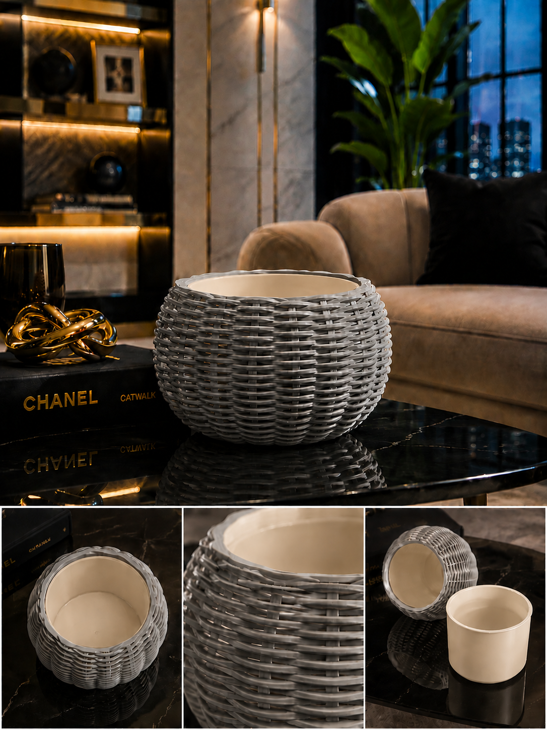 Ginestra modern 3D printed planter featuring an elegant grey woven exterior and removable beige inner plant pot, ideal for houseplants, luxury interiors, contemporary living spaces and sophisticated modern home decor.