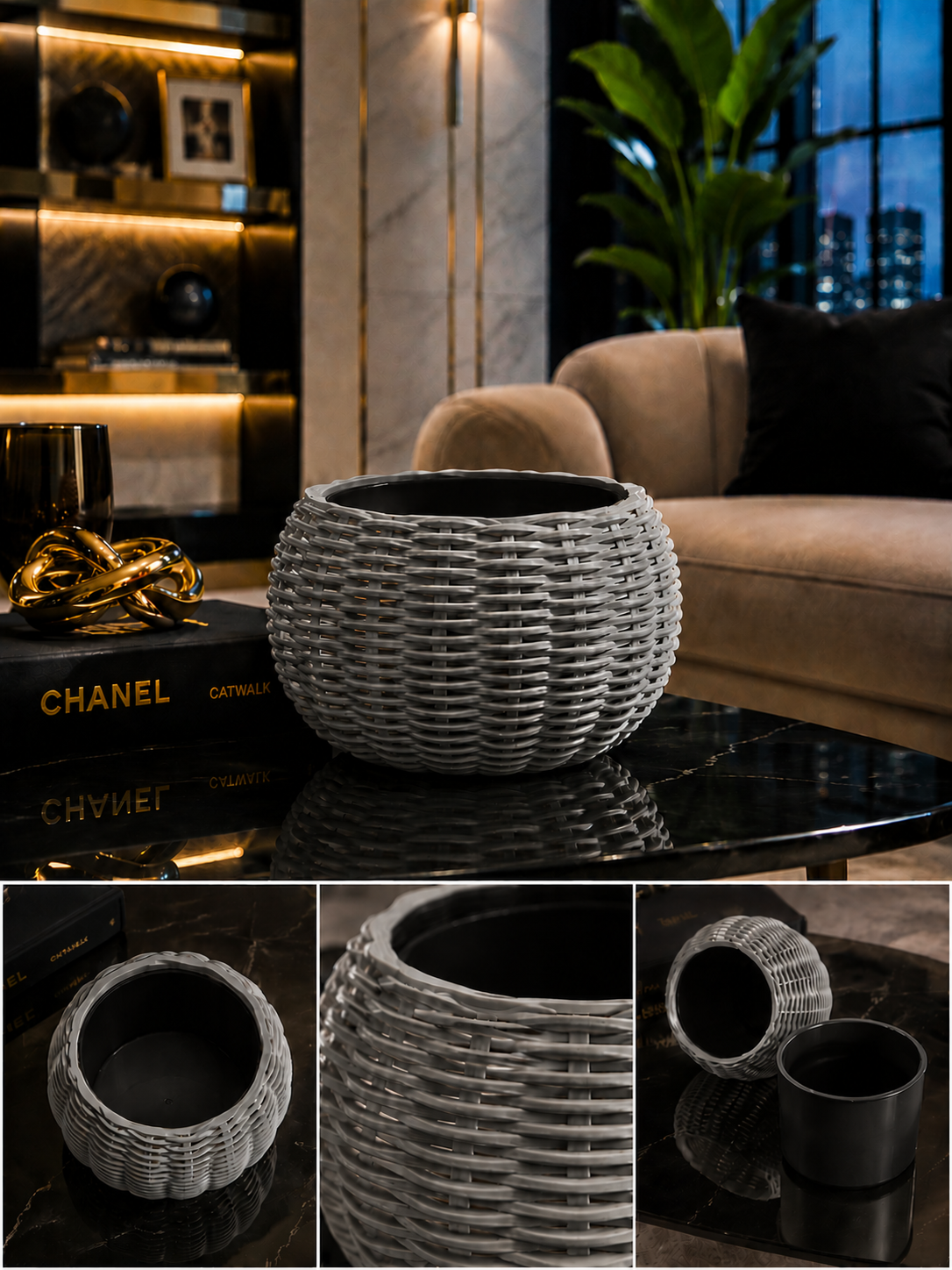 Ginestra modern 3D printed planter featuring an elegant grey woven exterior and removable black inner plant pot, designed for houseplants, luxury interiors, contemporary living spaces and sophisticated modern home decor.