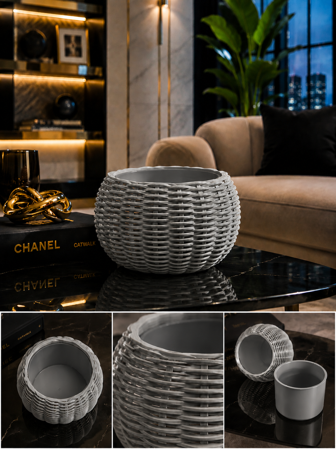Ginestra modern 3D printed planter featuring an elegant grey woven exterior and removable grey inner plant pot, ideal for houseplants, luxury interiors, contemporary living spaces and sophisticated modern home decor.