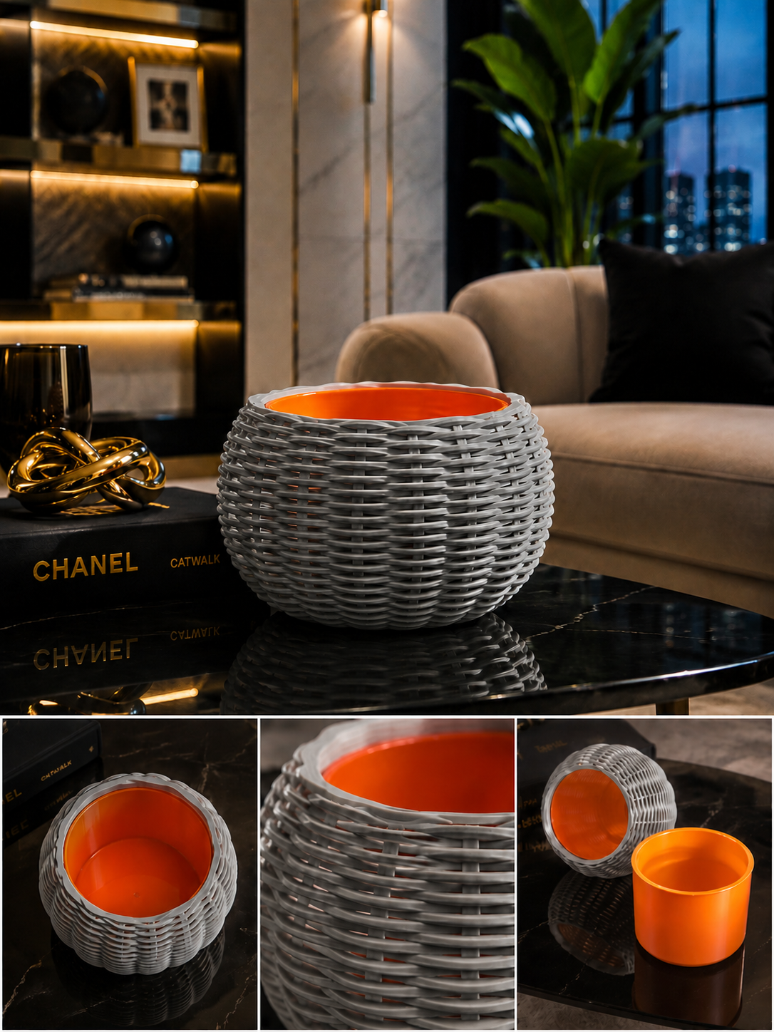Ginestra modern 3D printed planter featuring an elegant grey woven exterior and removable orange inner plant pot, ideal for houseplants, luxury interiors, contemporary living spaces and sophisticated modern home decor.