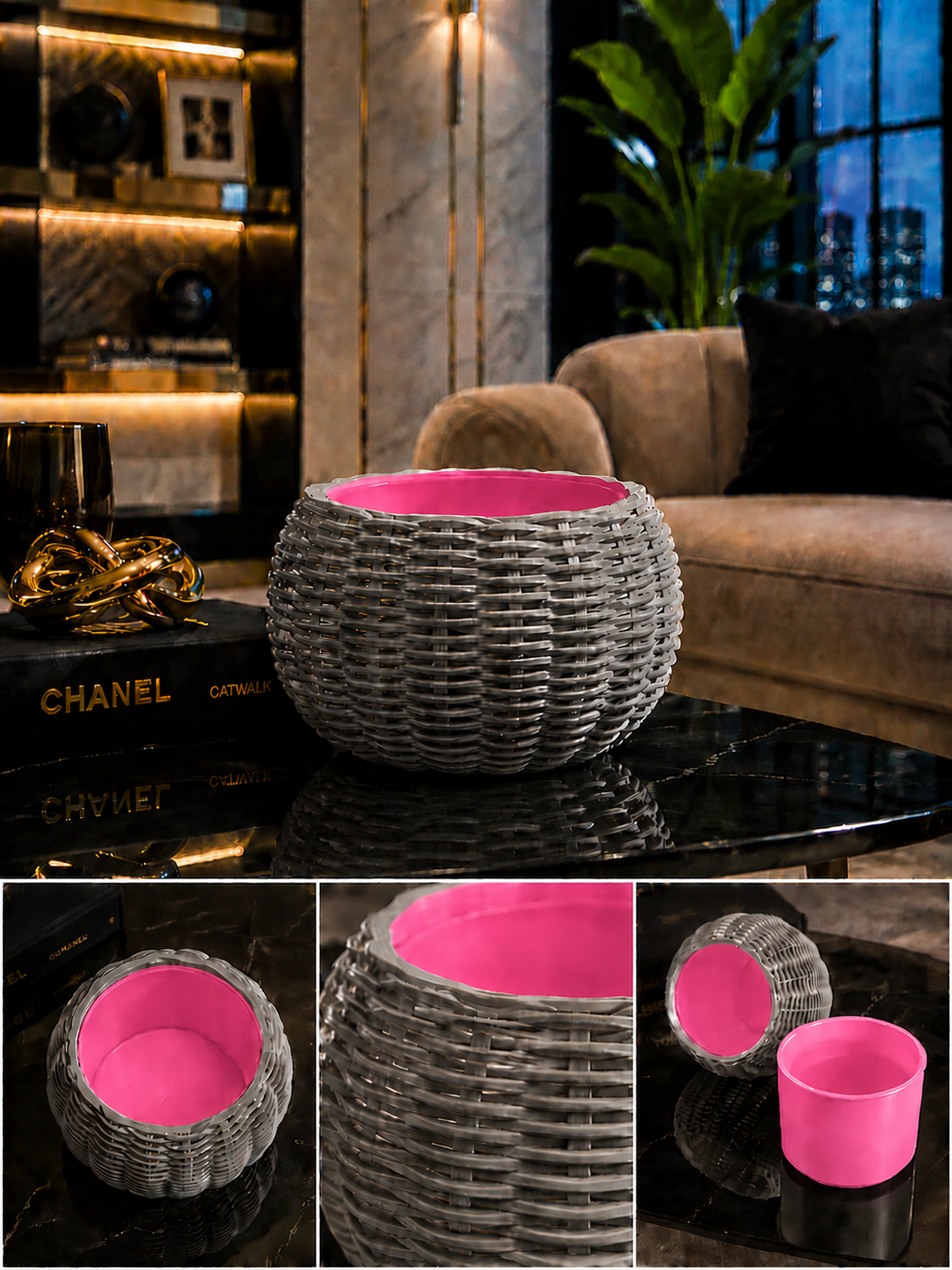 Ginestra modern 3D printed planter featuring an elegant grey woven exterior and removable pink inner plant pot, ideal for houseplants, luxury interiors, contemporary living spaces and sophisticated modern home decor.