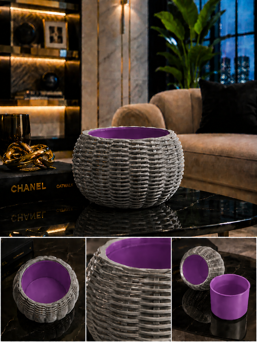 Ginestra modern 3D printed planter with an elegant grey woven exterior and removable purple inner pot, ideal for houseplants, luxury interiors, contemporary home decor and stylish living spaces.