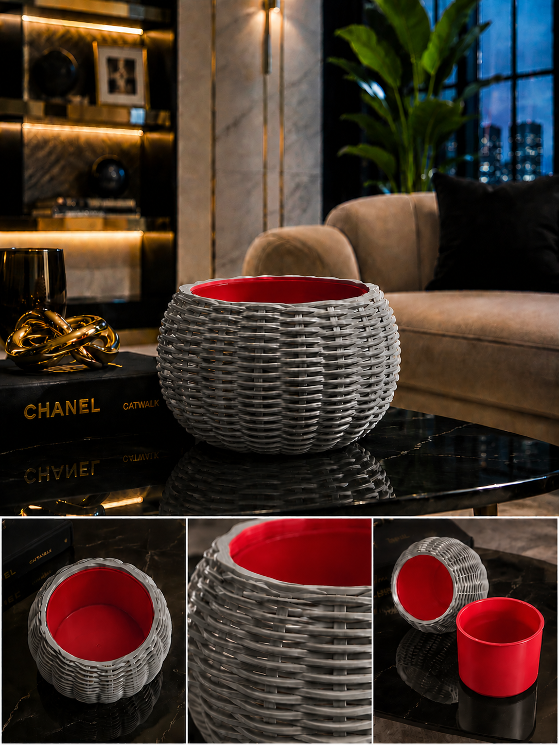 Ginestra modern 3D printed planter featuring an elegant grey woven exterior and removable red inner plant pot, ideal for houseplants, luxury interiors, contemporary living spaces and sophisticated modern home decor.