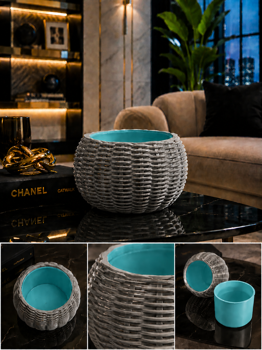 Ginestra modern 3D printed planter featuring an elegant grey woven exterior and removable turquoise inner plant pot, ideal for houseplants, luxury interiors, contemporary living spaces and sophisticated modern home decor.