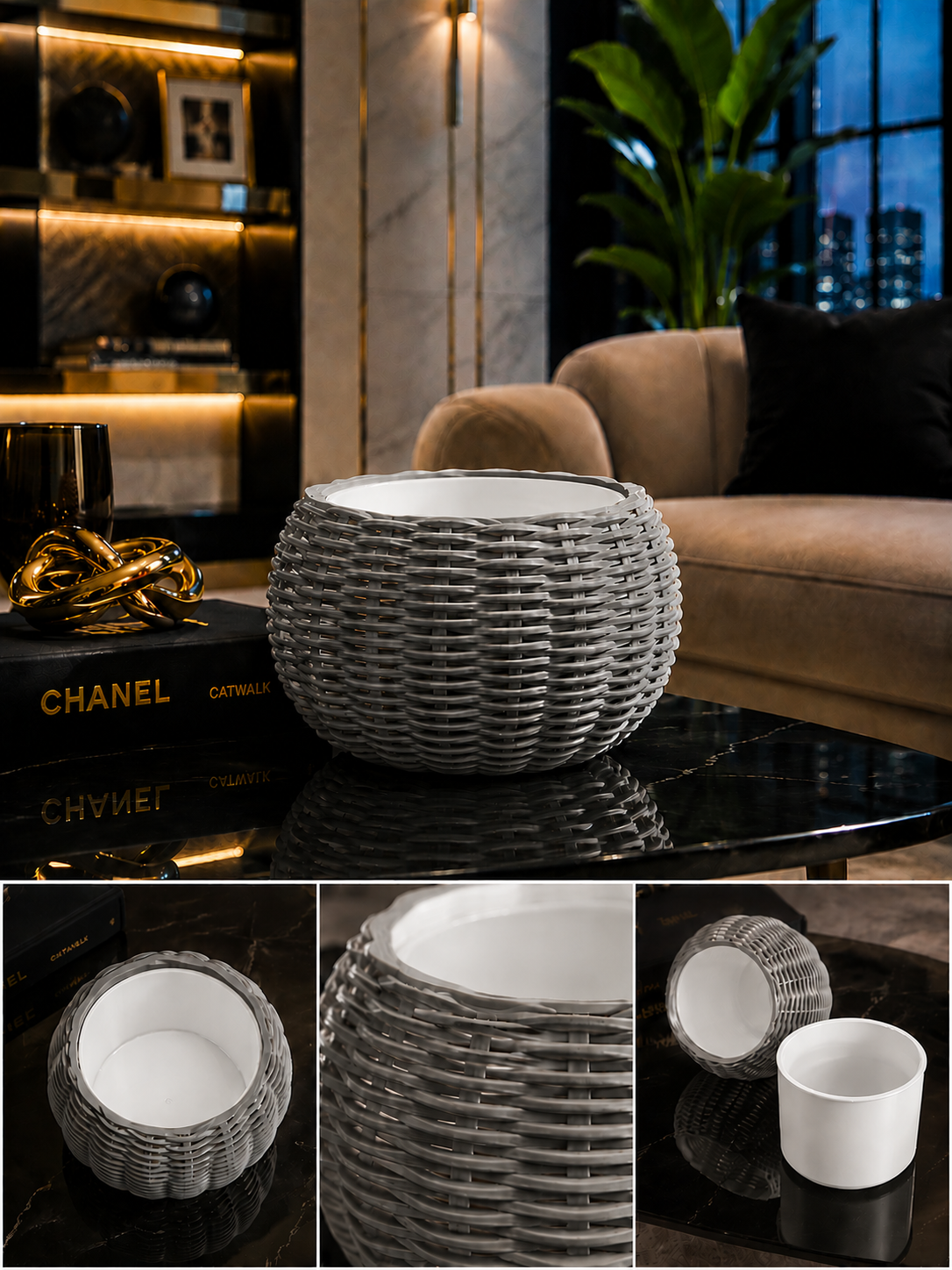 Ginestra modern 3D printed planter featuring an elegant grey woven exterior and removable white inner plant pot, ideal for houseplants, luxury interiors, contemporary living spaces and sophisticated modern home decor.
