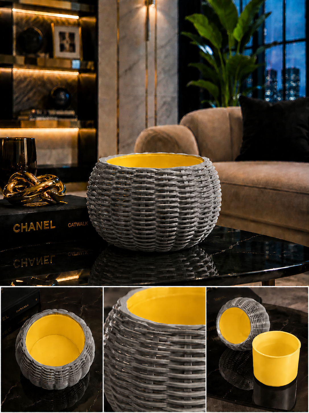Ginestra modern 3D printed planter featuring an elegant grey woven exterior and removable yellow inner plant pot, ideal for houseplants, luxury interiors, contemporary living spaces and sophisticated modern home decor.