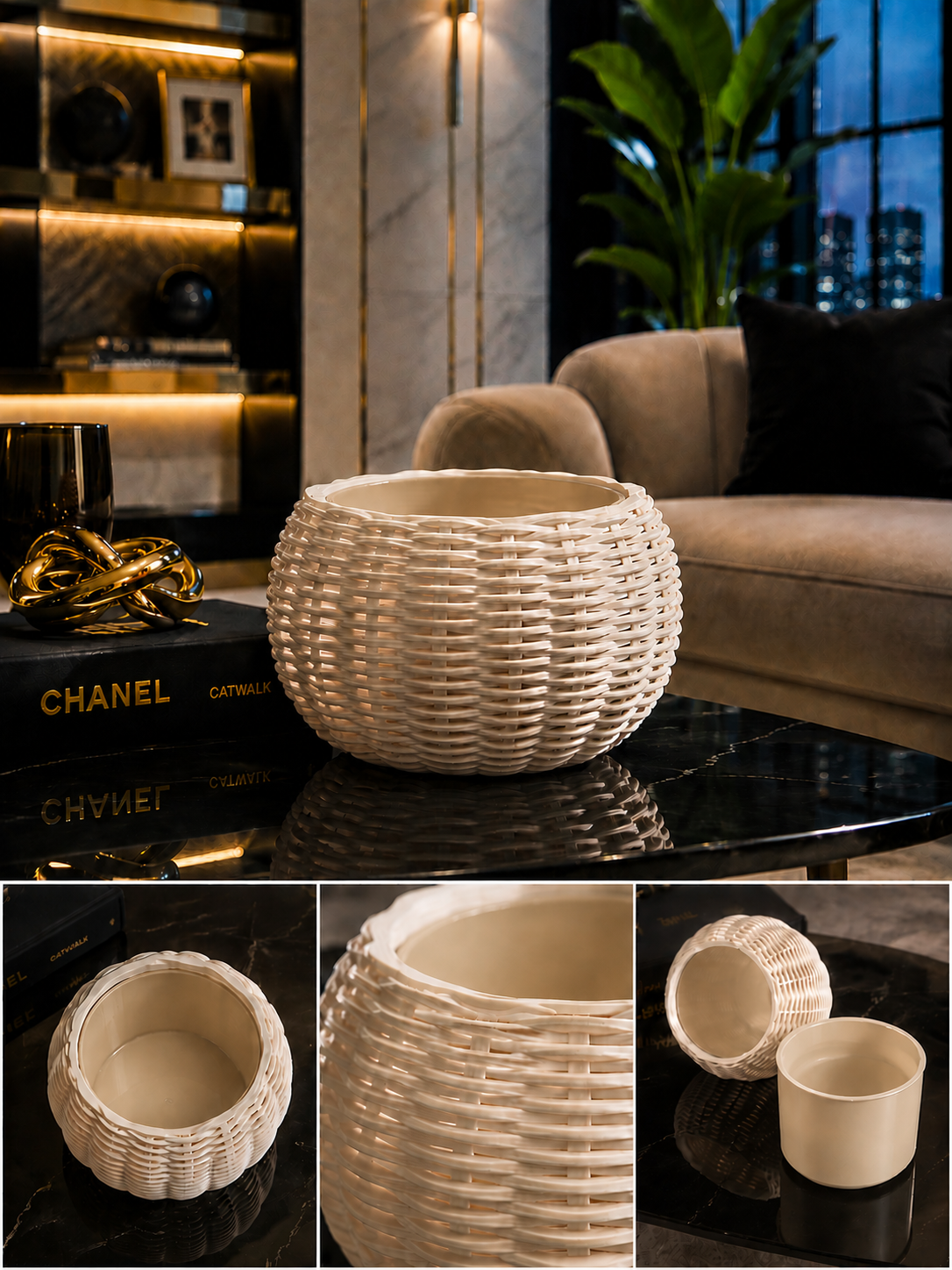 Ginestra modern indoor planter featuring an elegant beige woven 3D design and removable beige inner plant pot, ideal for houseplants, minimalist interiors and contemporary home decor.