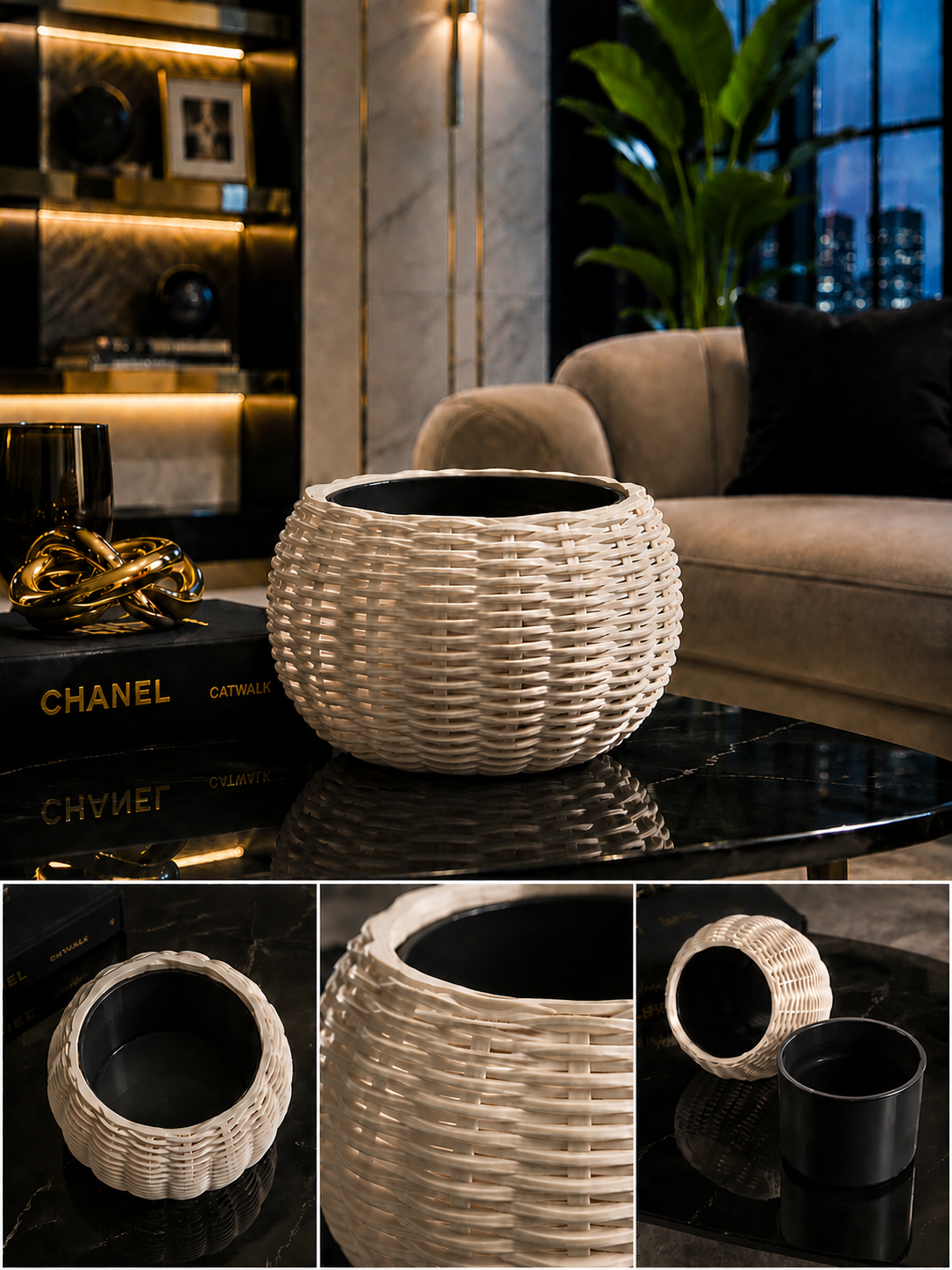 Ginestra modern indoor planter featuring an elegant beige woven 3D design and removable black inner plant pot, ideal for houseplants, luxury interiors and contemporary modern home decor.